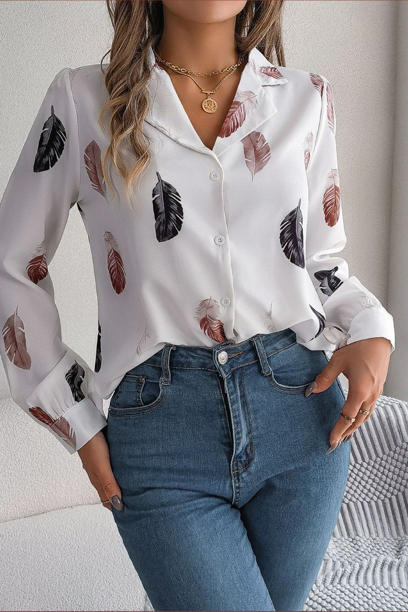 WOMEN ELEGANT DANDY FEATHER PRINT BLOUSE TOP