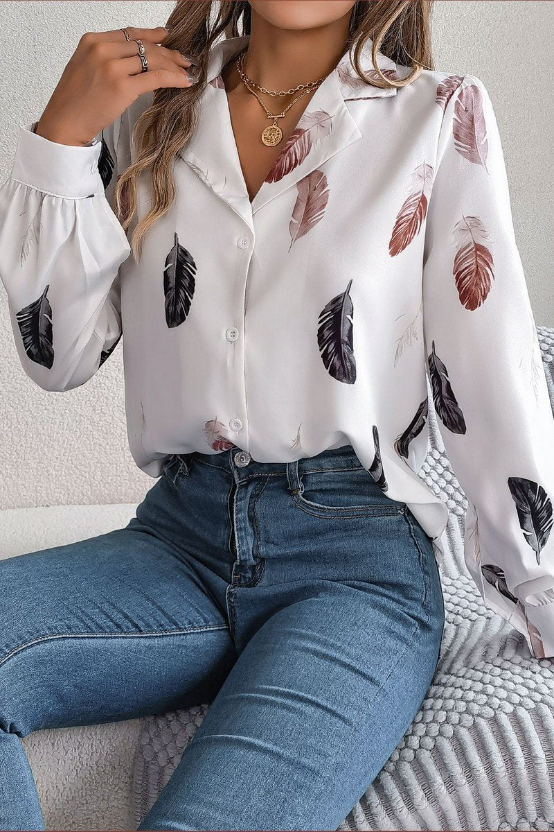 WOMEN ELEGANT DANDY FEATHER PRINT BLOUSE TOP