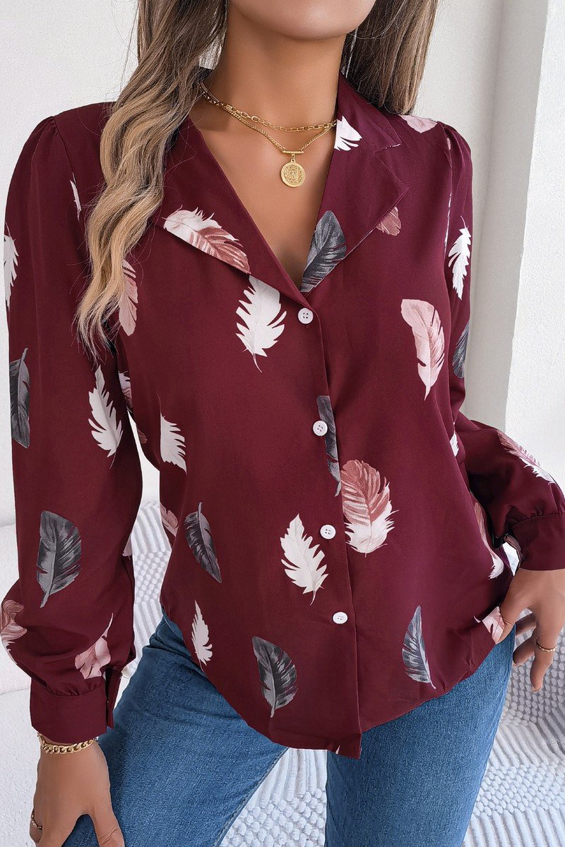 WOMEN ELEGANT DANDY FEATHER PRINT BLOUSE TOP