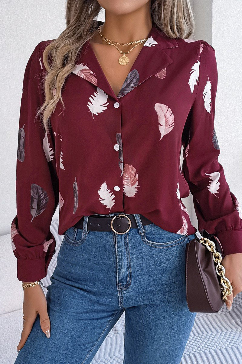 WOMEN ELEGANT DANDY FEATHER PRINT BLOUSE TOP