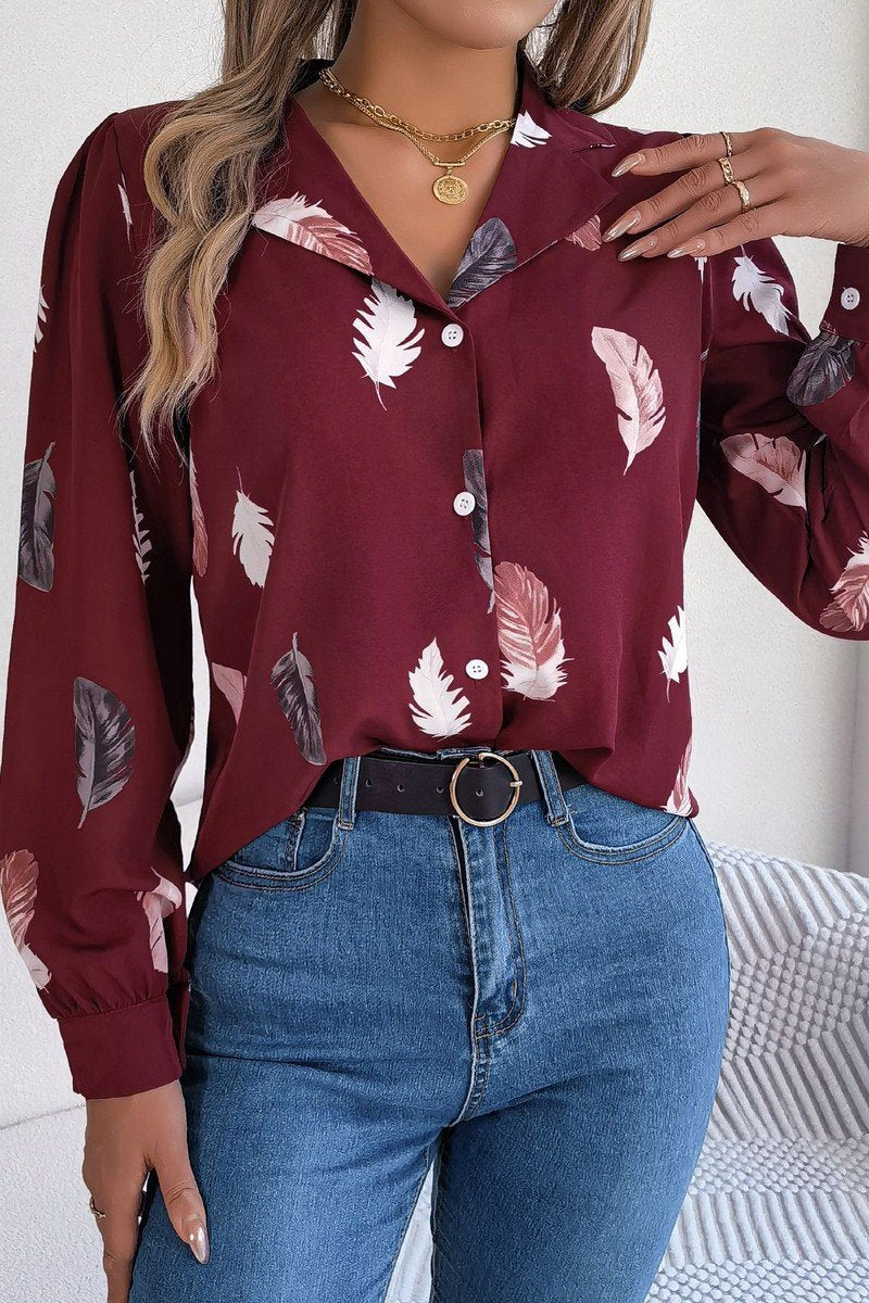 WOMEN ELEGANT DANDY FEATHER PRINT BLOUSE TOP