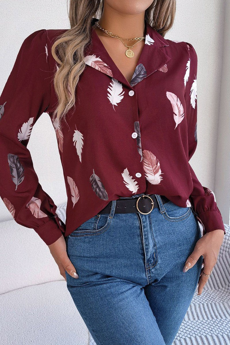 WOMEN ELEGANT DANDY FEATHER PRINT BLOUSE TOP