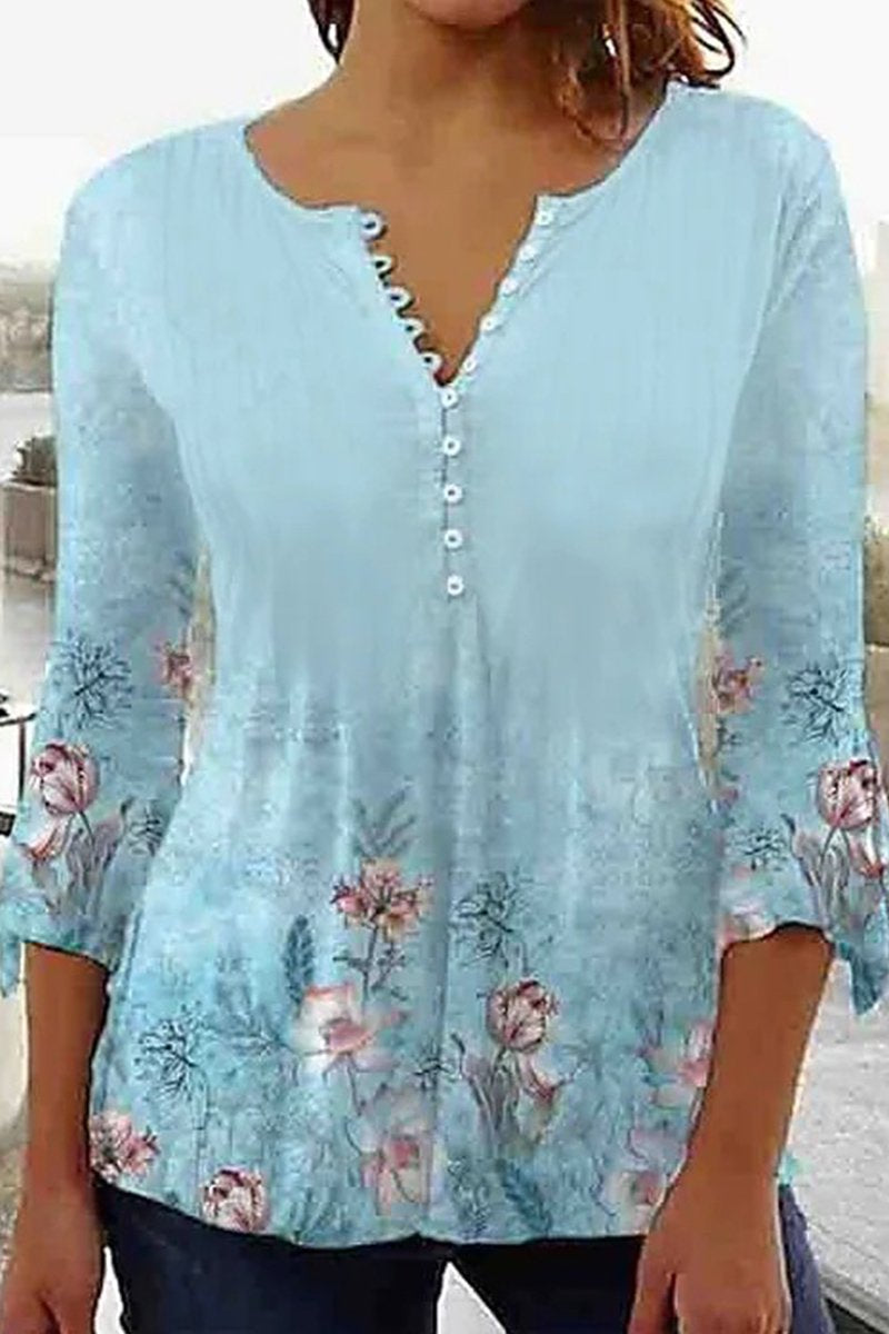 WOMEN 3/4 SLEEVE PRINT SINGLE BREASTED BLOUSE