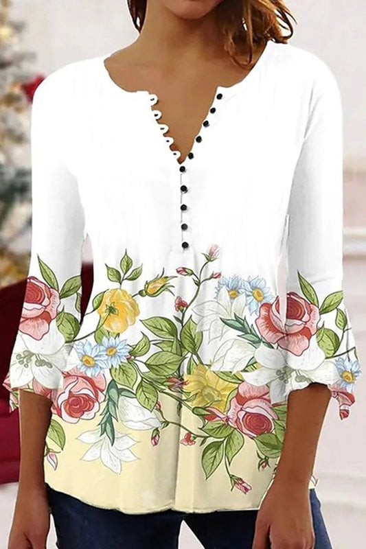 WOMEN 3/4 SLEEVE PRINT SINGLE BREASTED BLOUSE