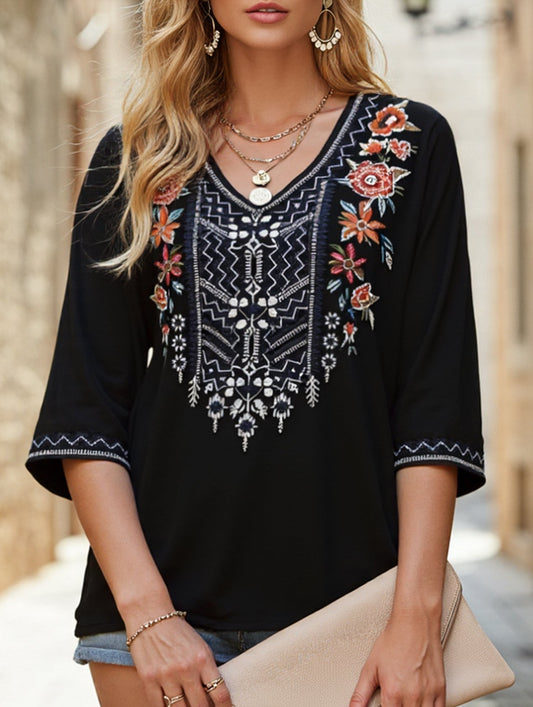 Cotton V-Neck Plus Size Embroidered Blouse | Black and Brown