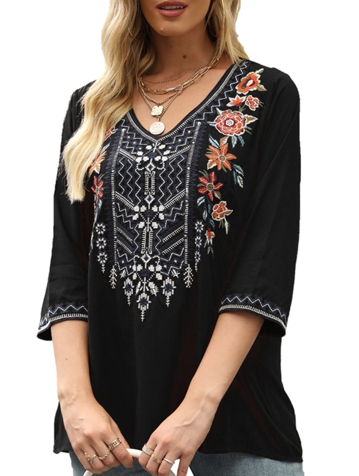 Cotton V-Neck Plus Size Embroidered Blouse | Black and Brown