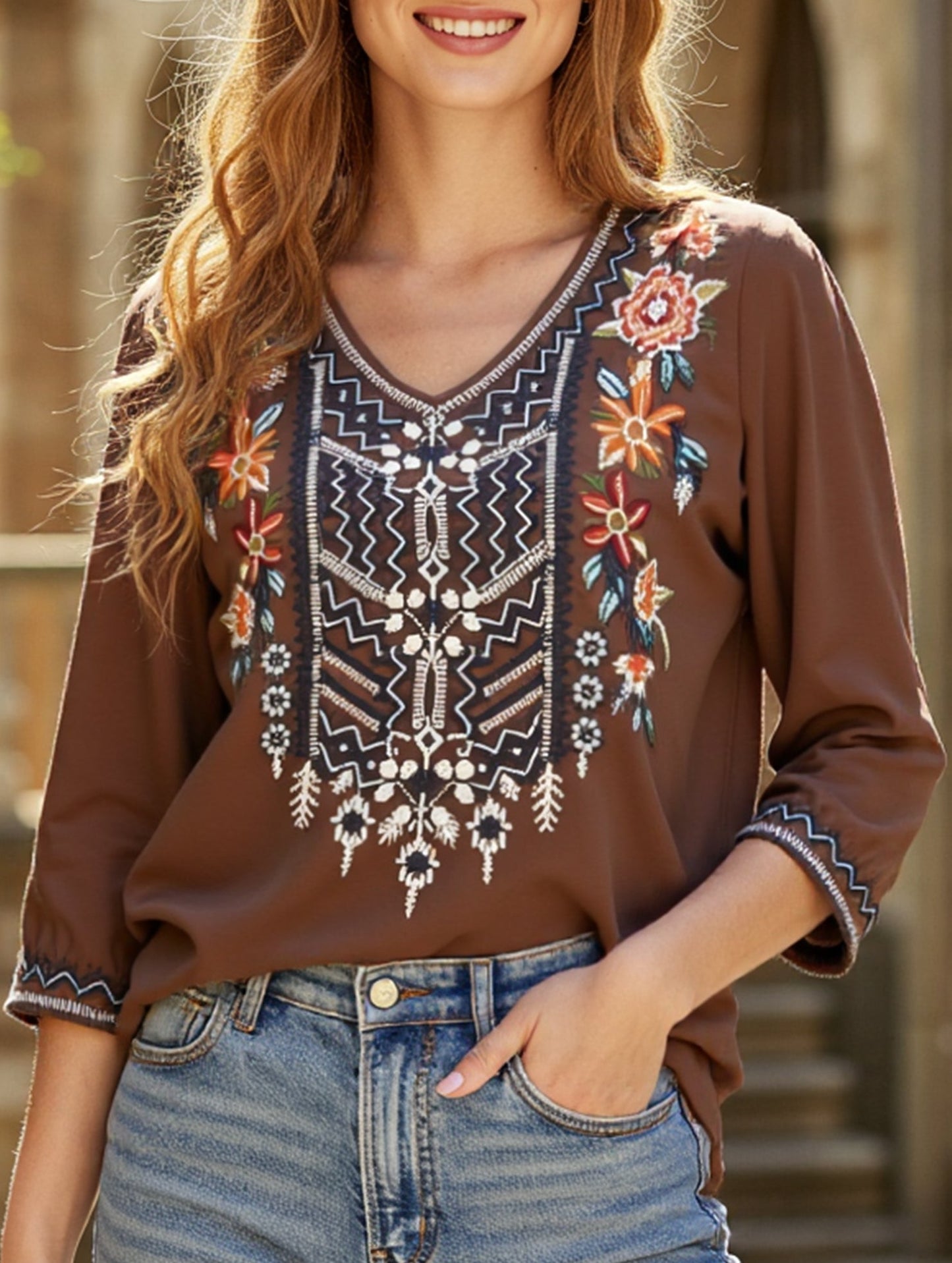 Cotton V-Neck Plus Size Embroidered Blouse | Black and Brown