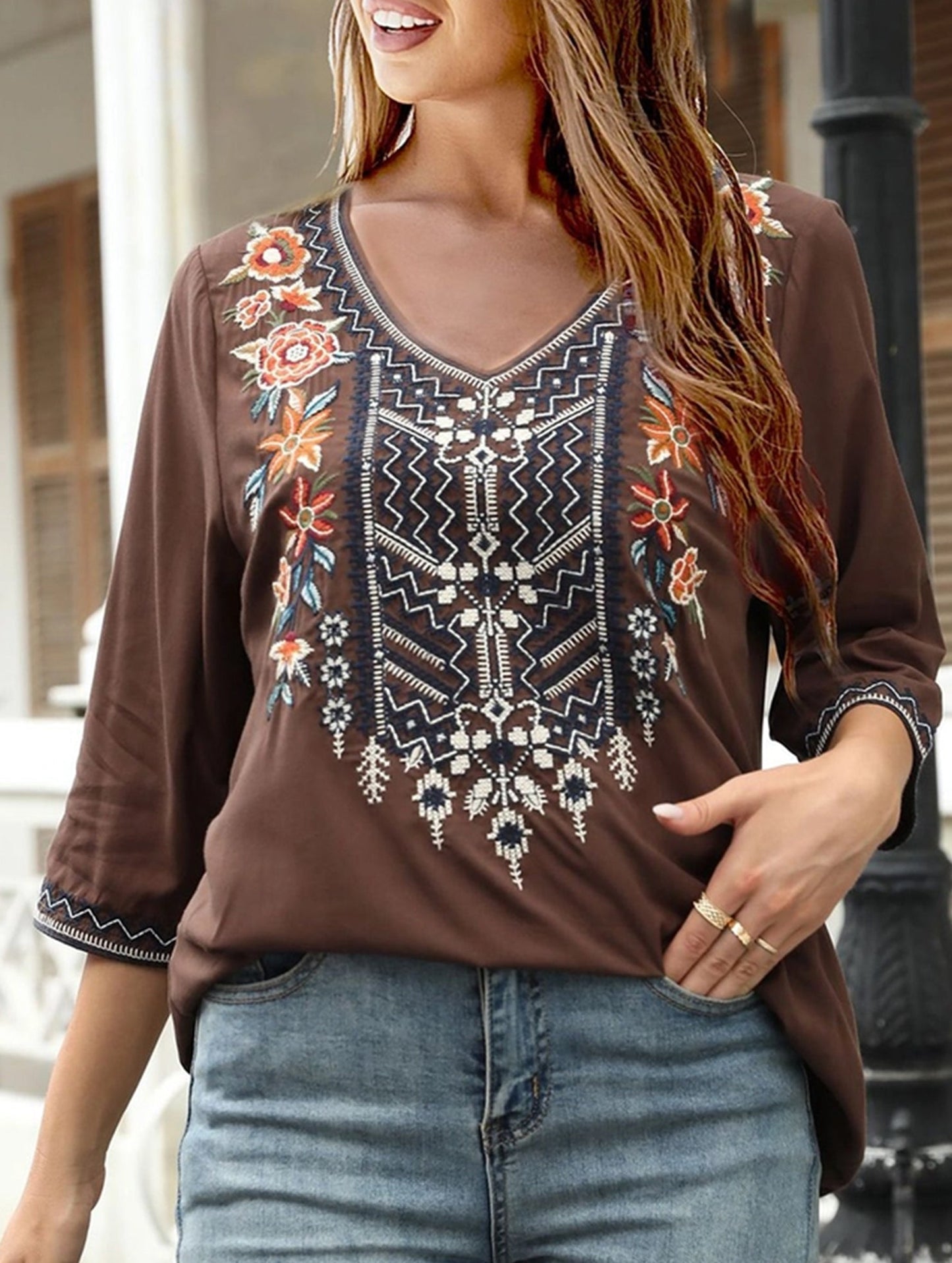 Cotton V-Neck Plus Size Embroidered Blouse | Black and Brown