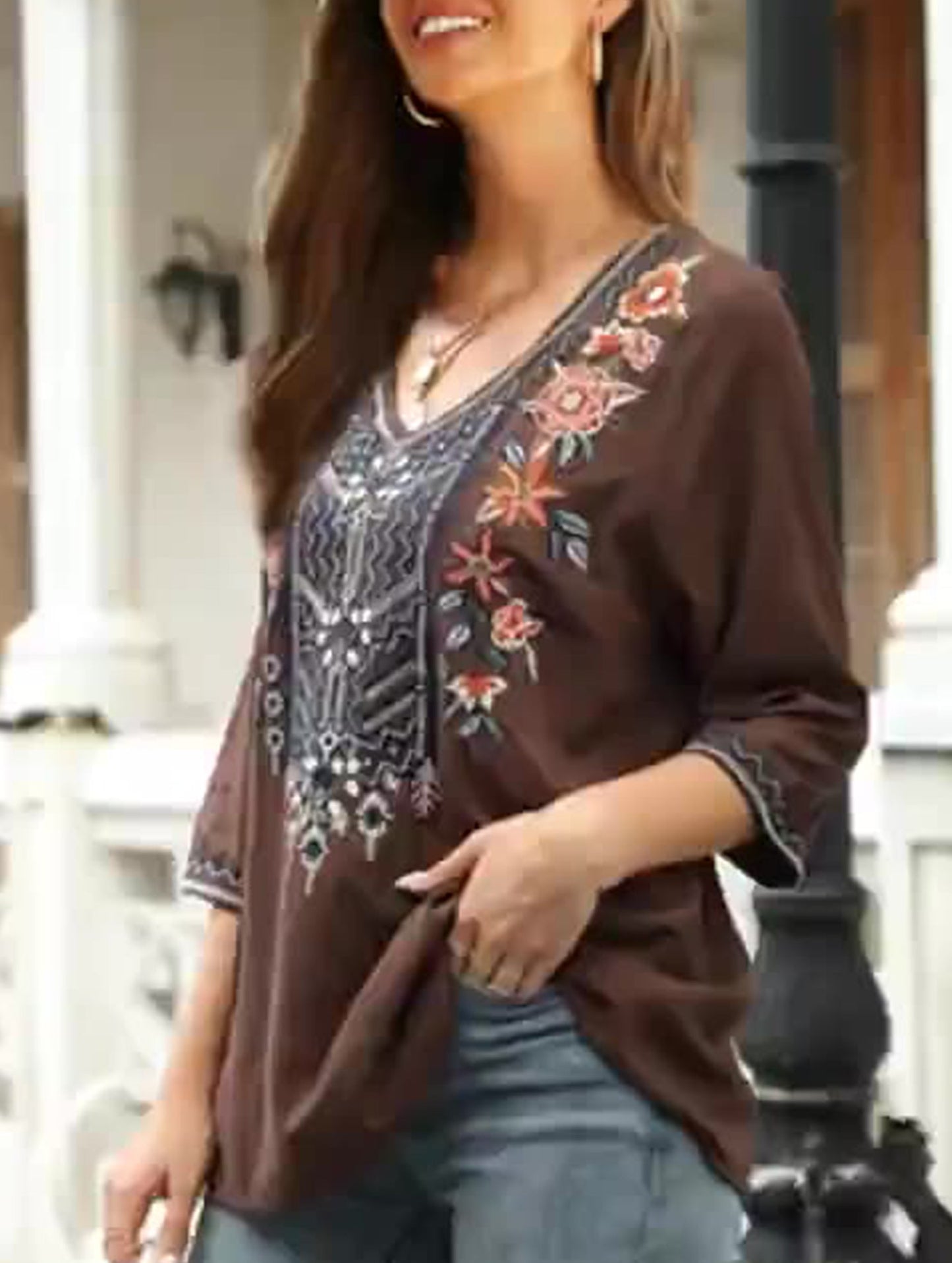 Cotton V-Neck Plus Size Embroidered Blouse | Black and Brown