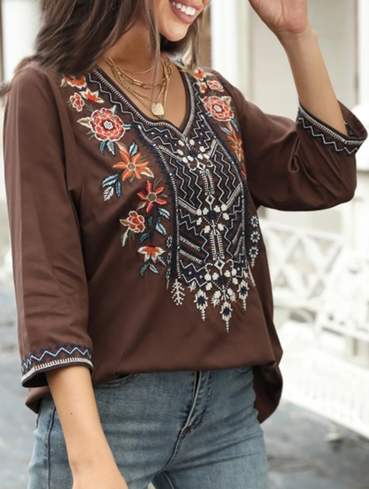 Cotton V-Neck Plus Size Embroidered Blouse | Black and Brown