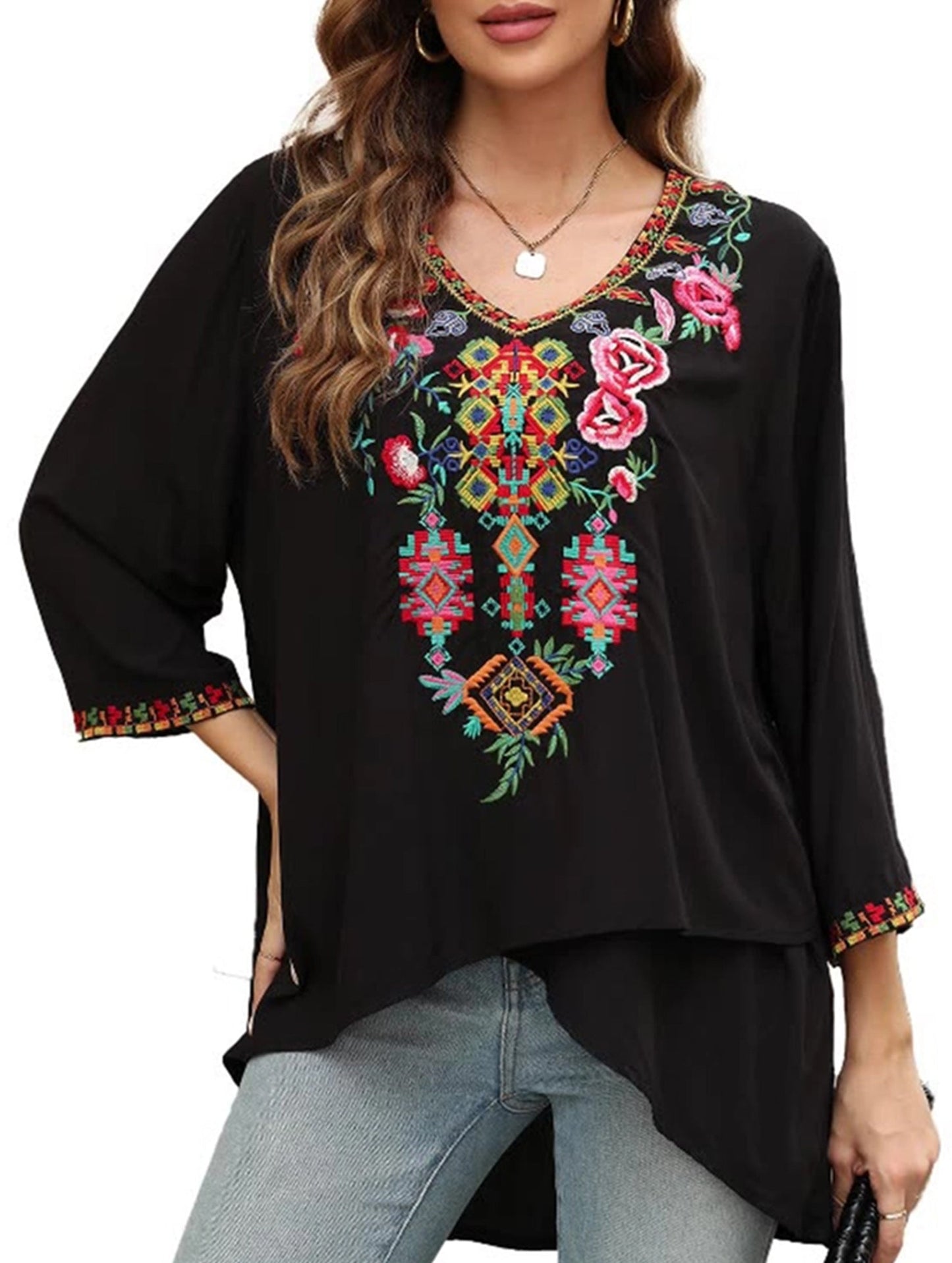 COTTON V-NECK STYLE EMBROIDERED TOP