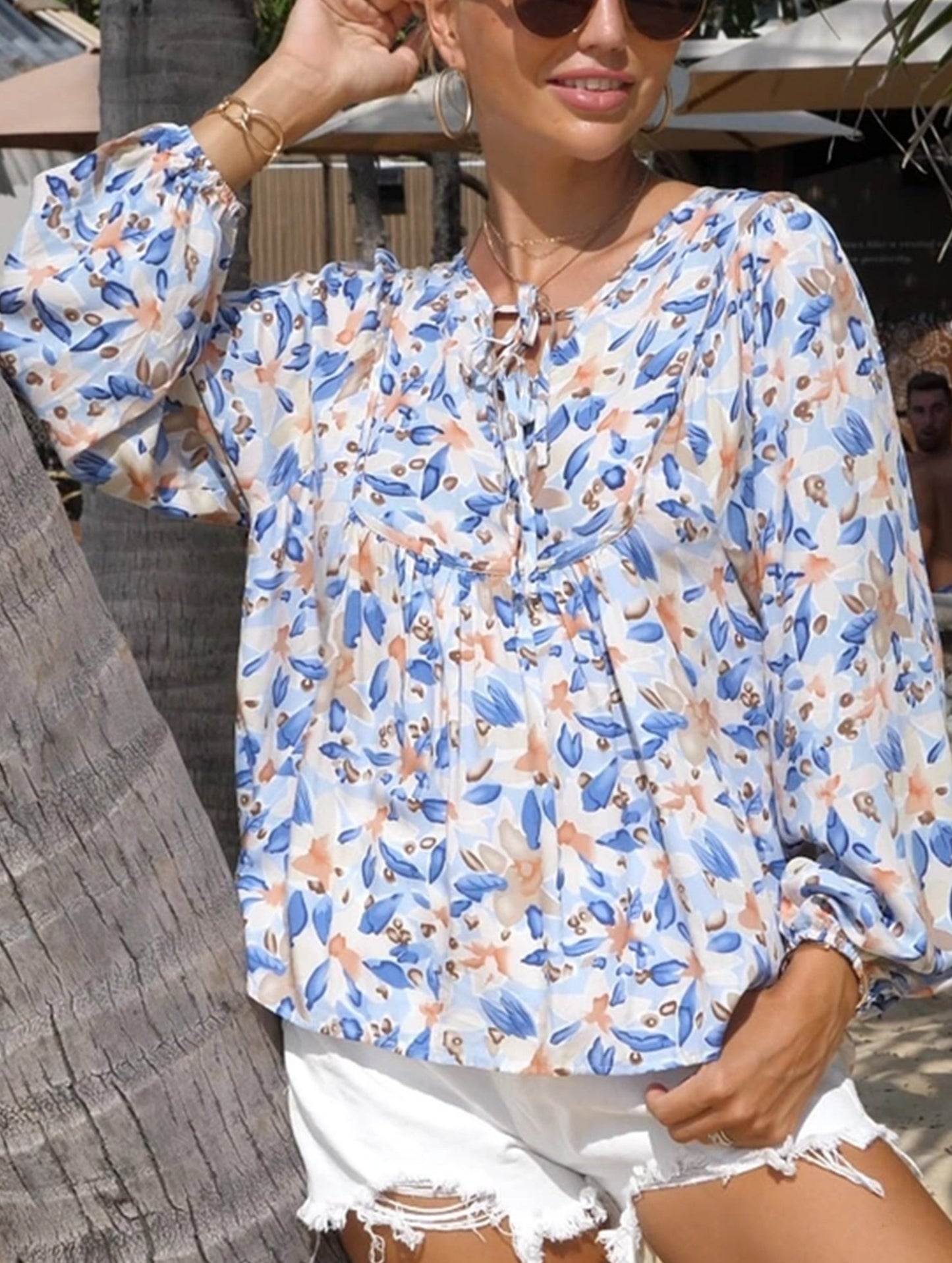 Lace-Up Printed Loose Shirt ??Women's Casual Bohemian Blouse