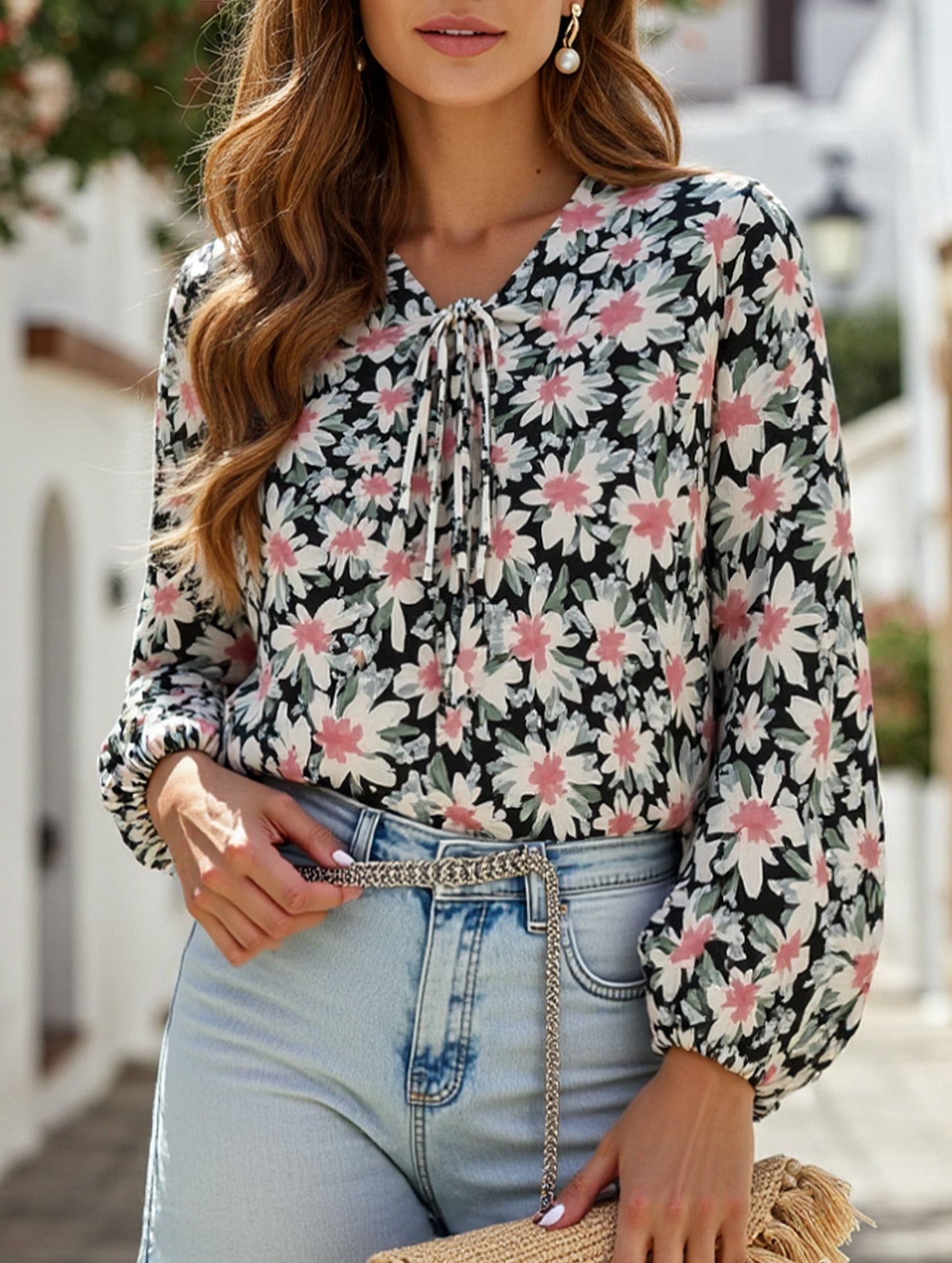 Lace-Up Printed Loose Shirt ??Women's Casual Bohemian Blouse