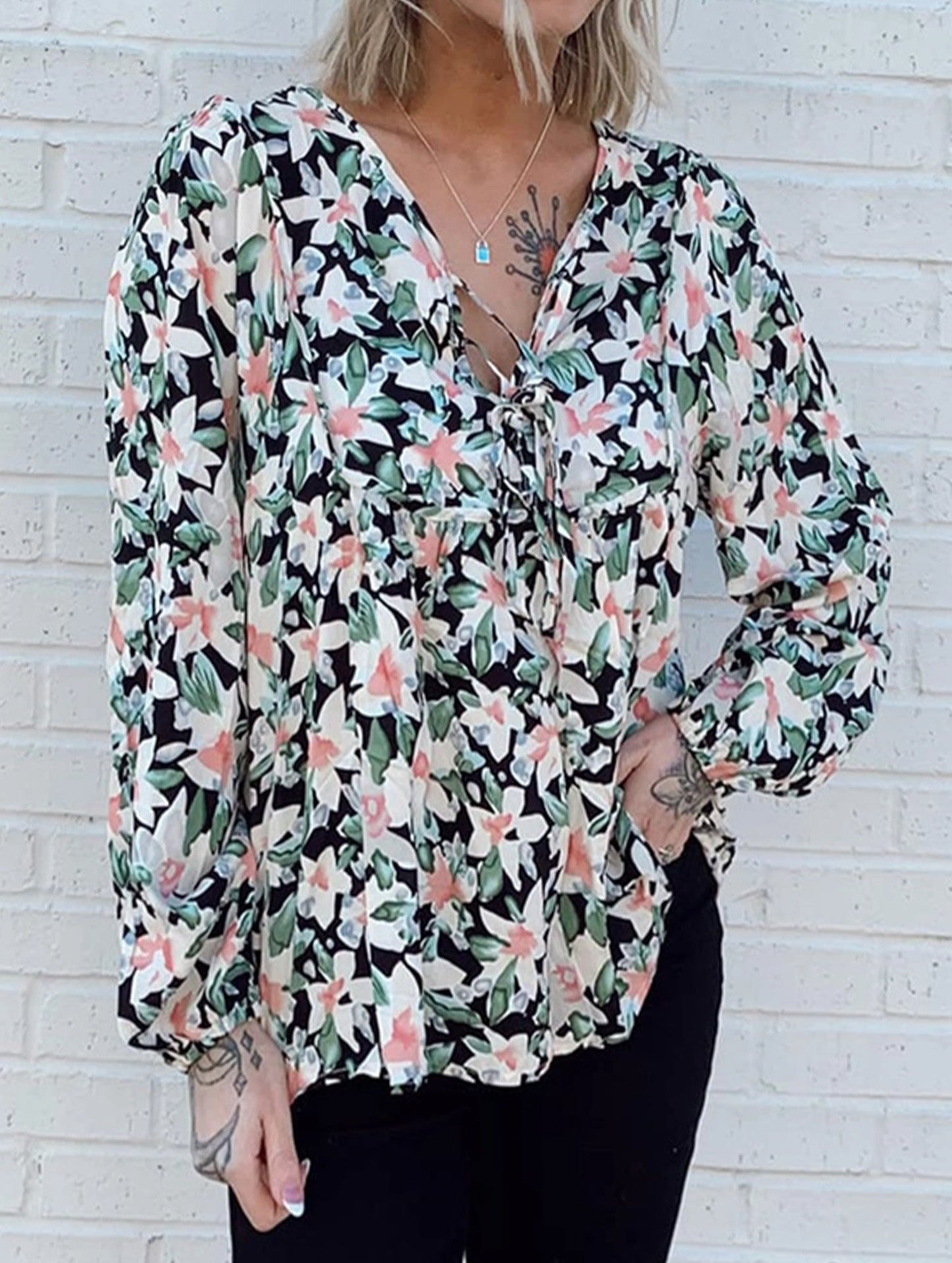 Lace-Up Printed Loose Shirt ??Women's Casual Bohemian Blouse