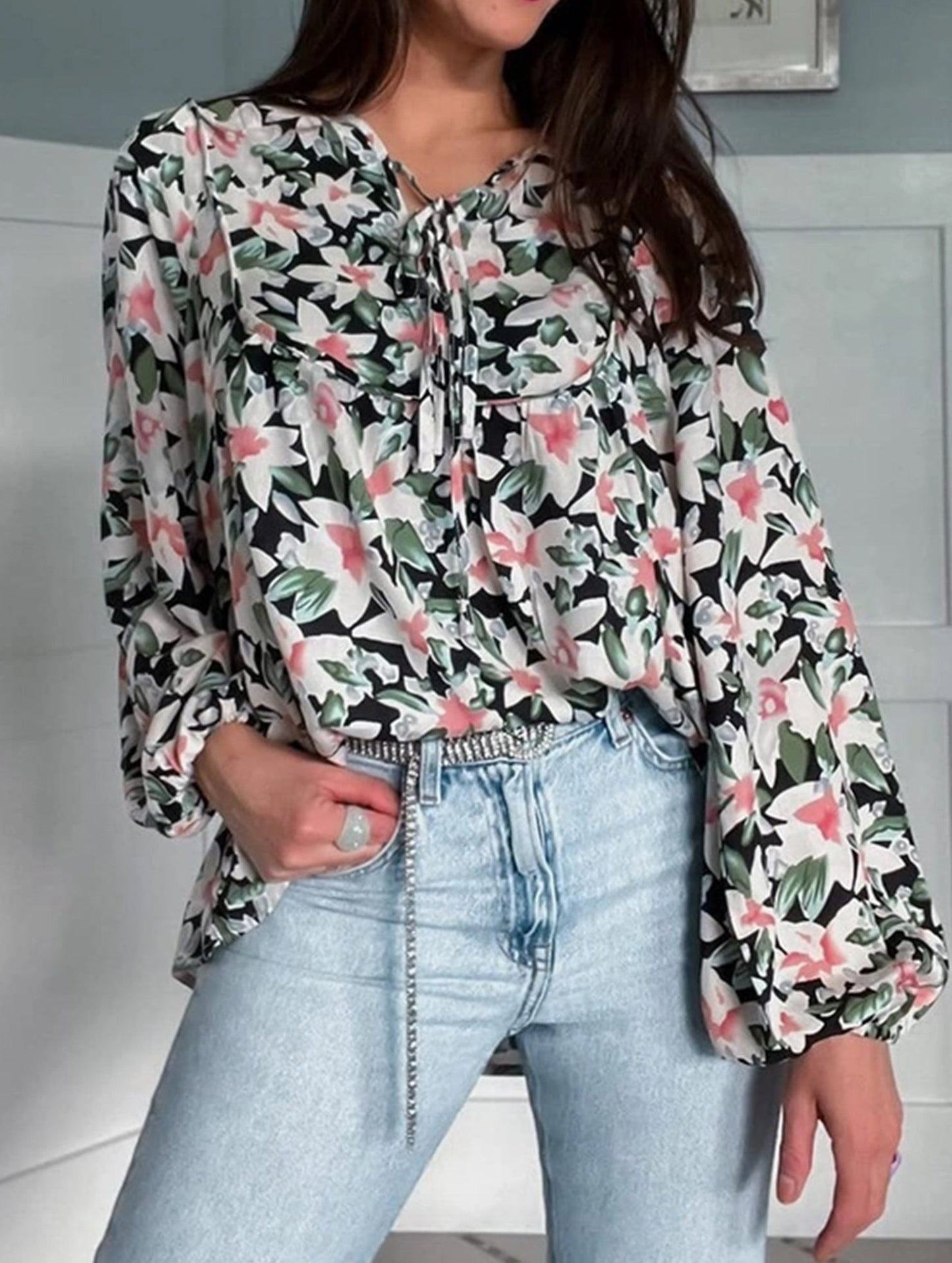 Lace-Up Printed Loose Shirt ??Women's Casual Bohemian Blouse