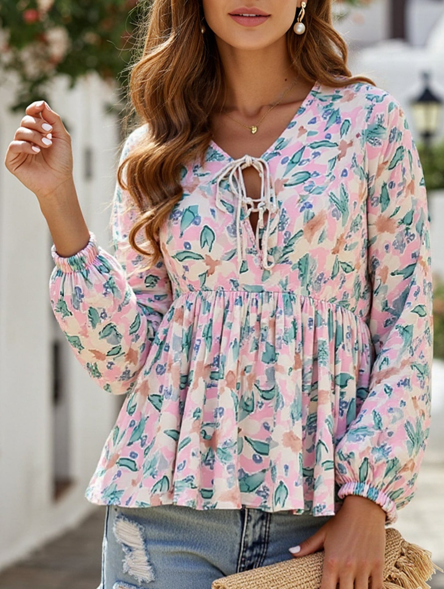 Lace-Up Printed Loose Shirt ??Women's Casual Bohemian Blouse