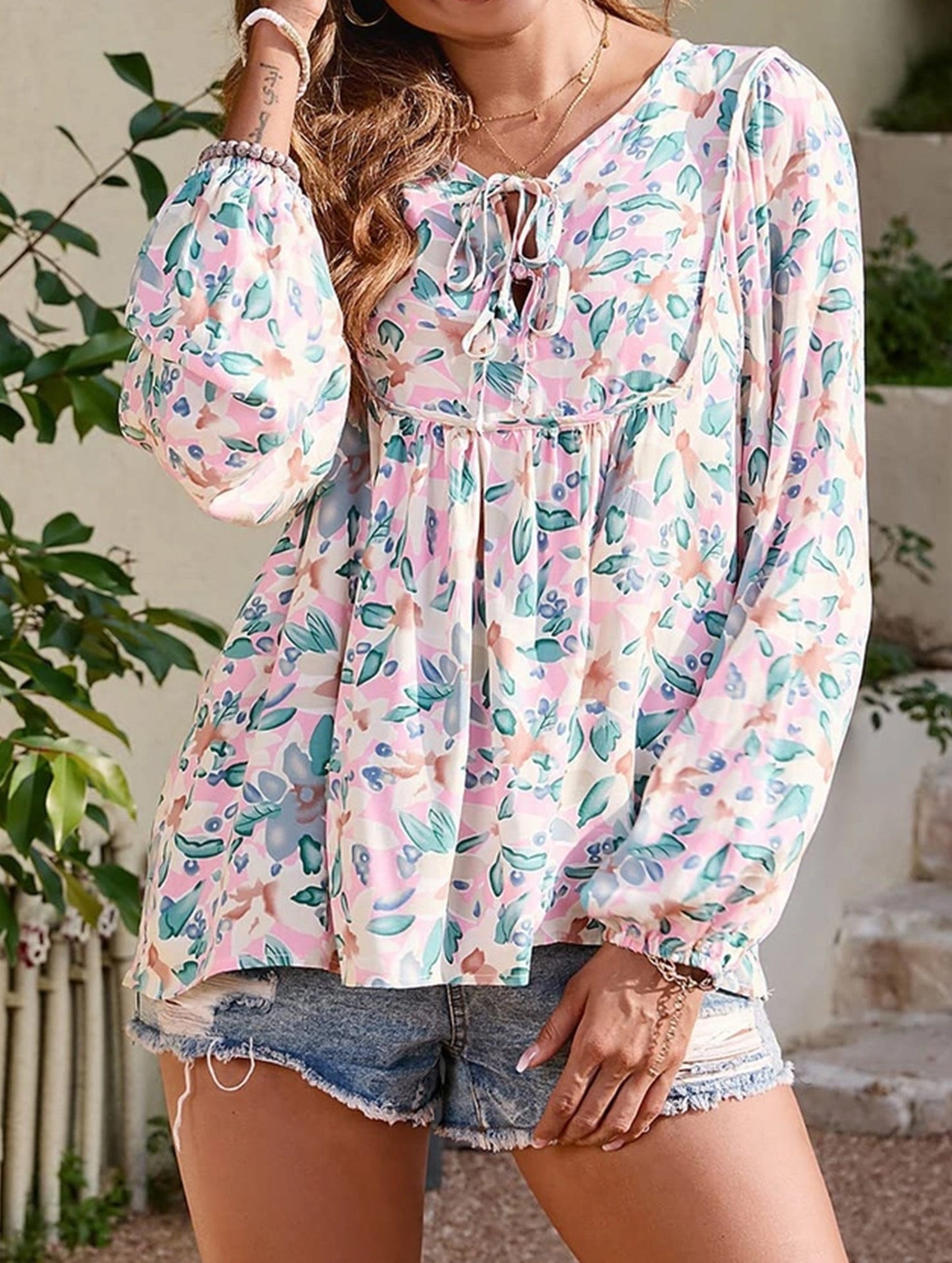 Lace-Up Printed Loose Shirt ??Women's Casual Bohemian Blouse