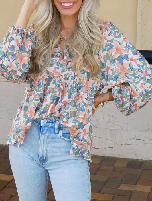 Lace-Up Printed Loose Shirt ??Women's Casual Bohemian Blouse