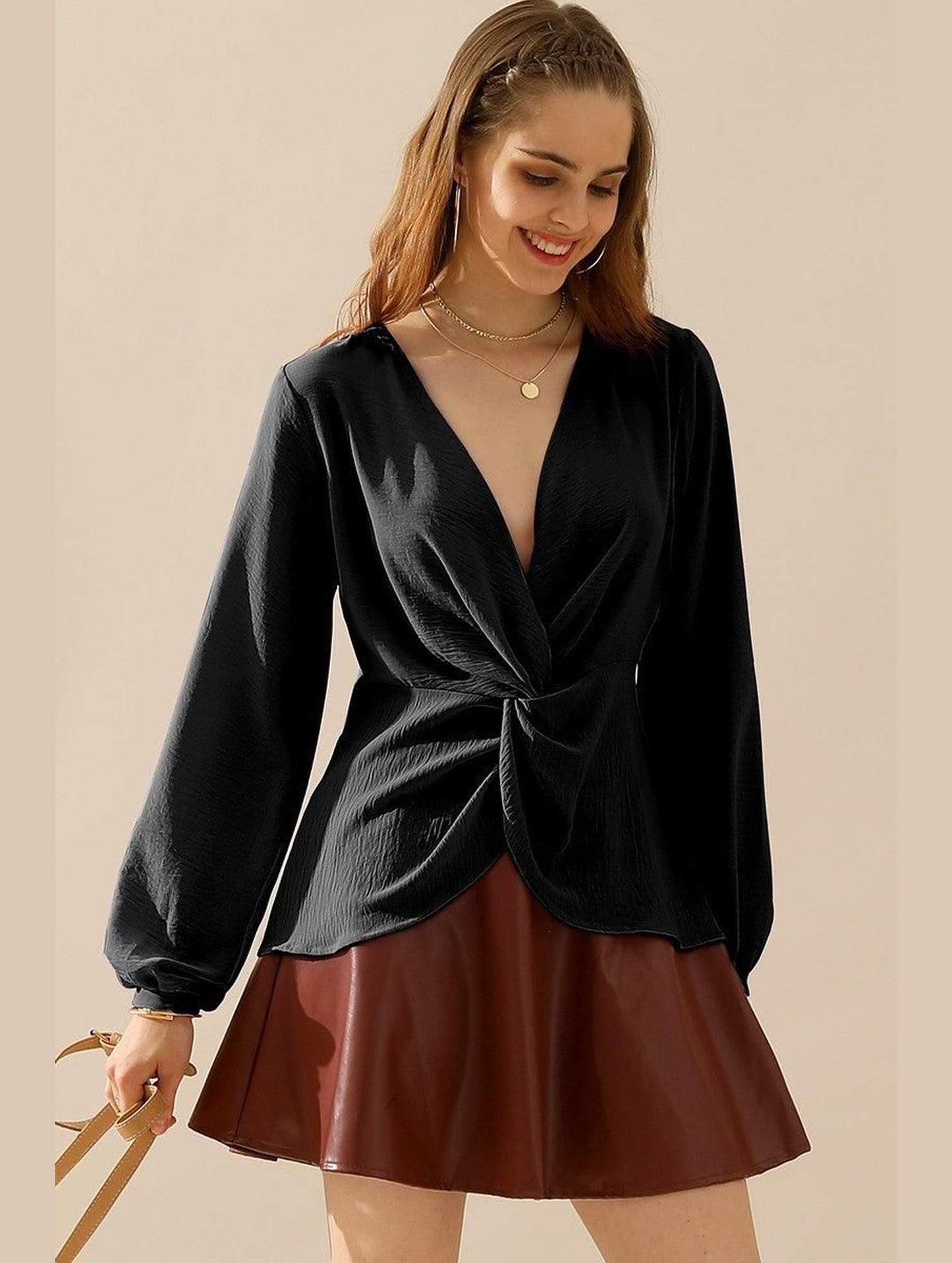 V NECK LONG SLEEVE Z TWIST RUFFLE BLOUSE TOP - Doublju