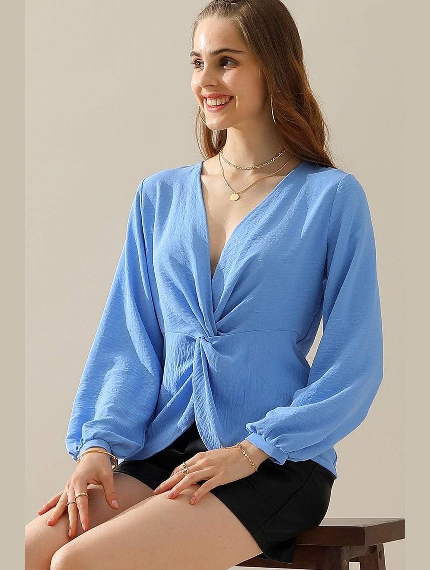 V NECK LONG SLEEVE Z TWIST RUFFLE BLOUSE TOP - Doublju