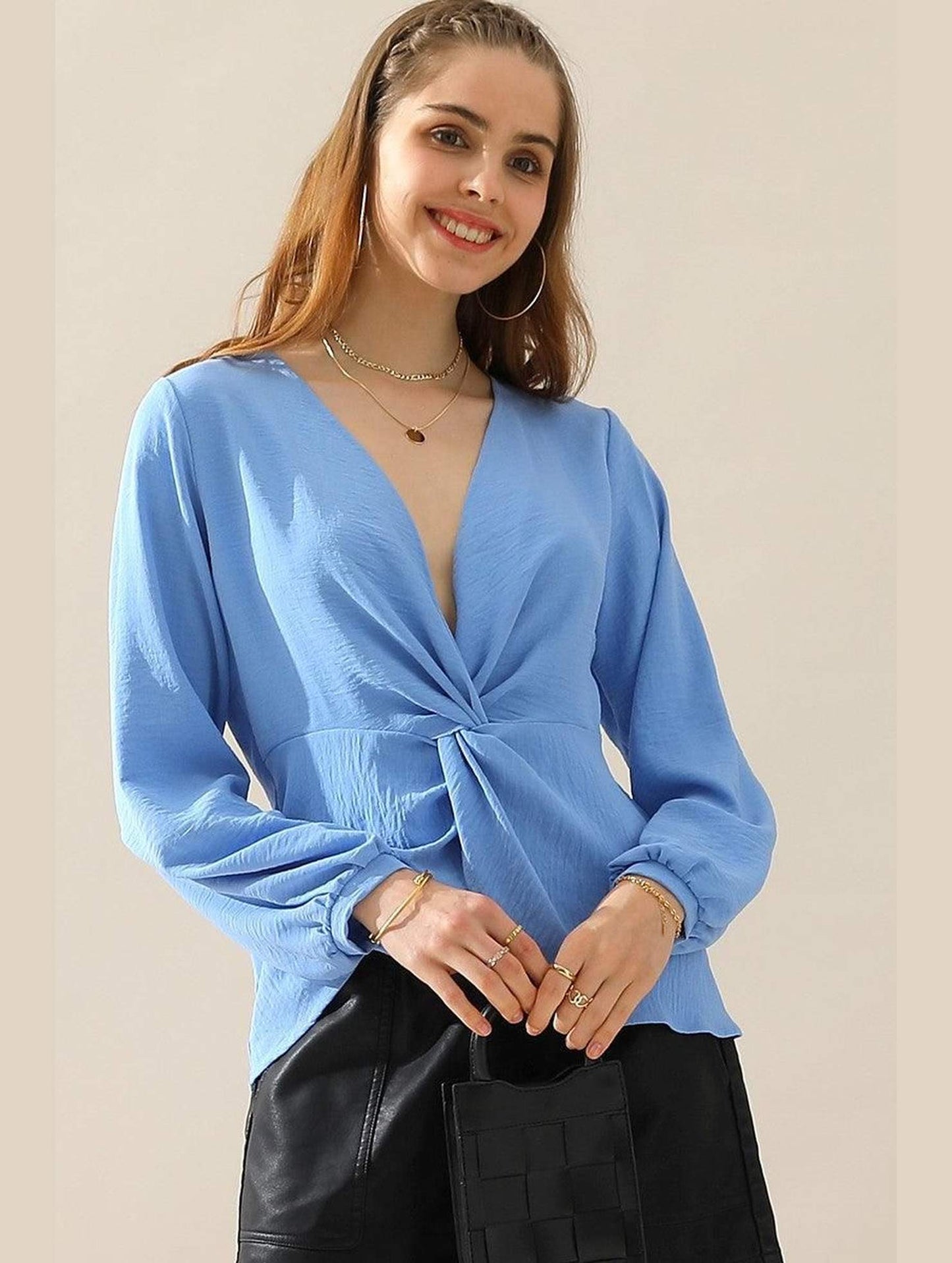 V NECK LONG SLEEVE Z TWIST RUFFLE BLOUSE TOP - Doublju
