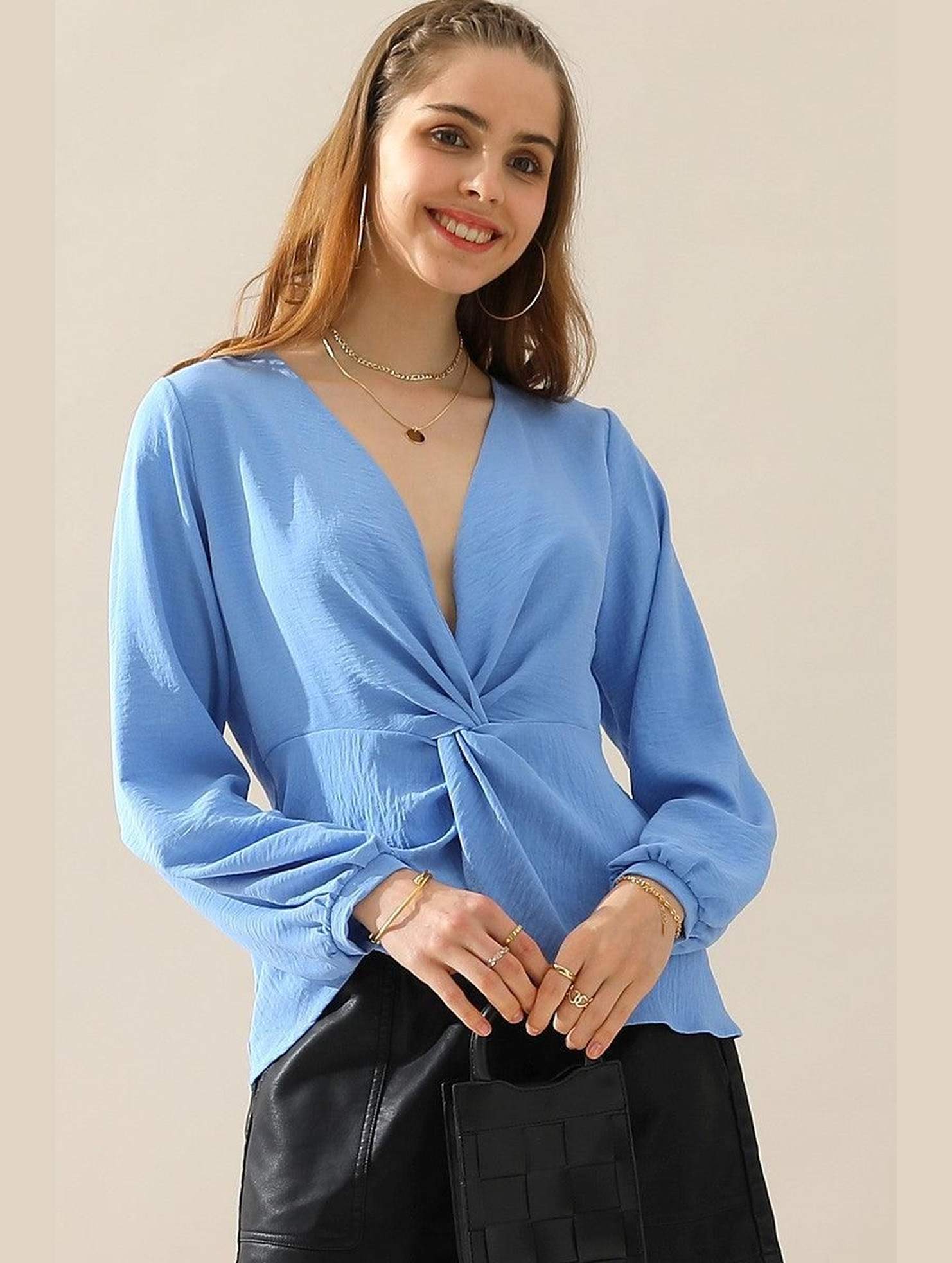 V NECK LONG SLEEVE Z TWIST RUFFLE BLOUSE TOP - Doublju