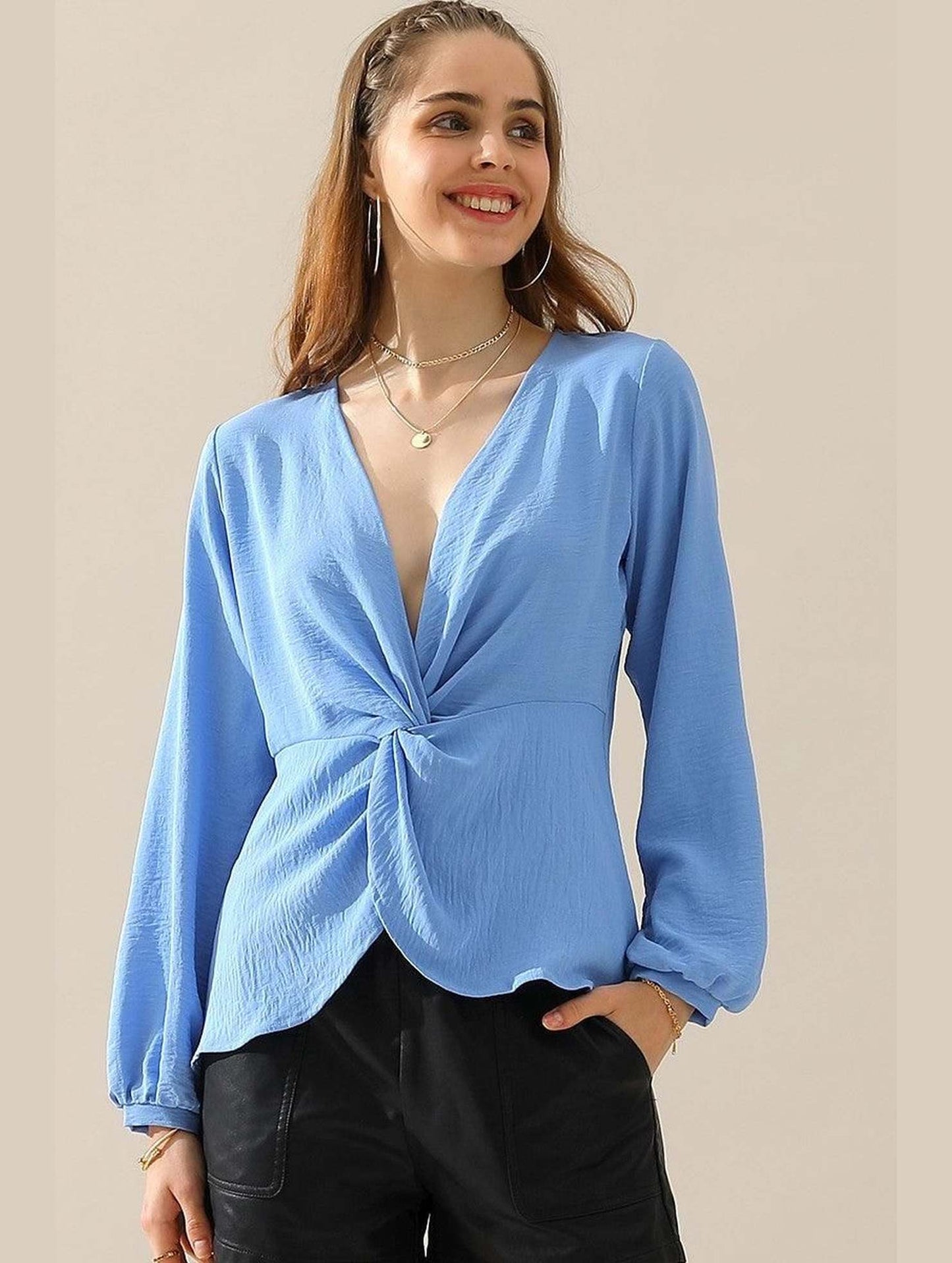 V NECK LONG SLEEVE Z TWIST RUFFLE BLOUSE TOP - Doublju