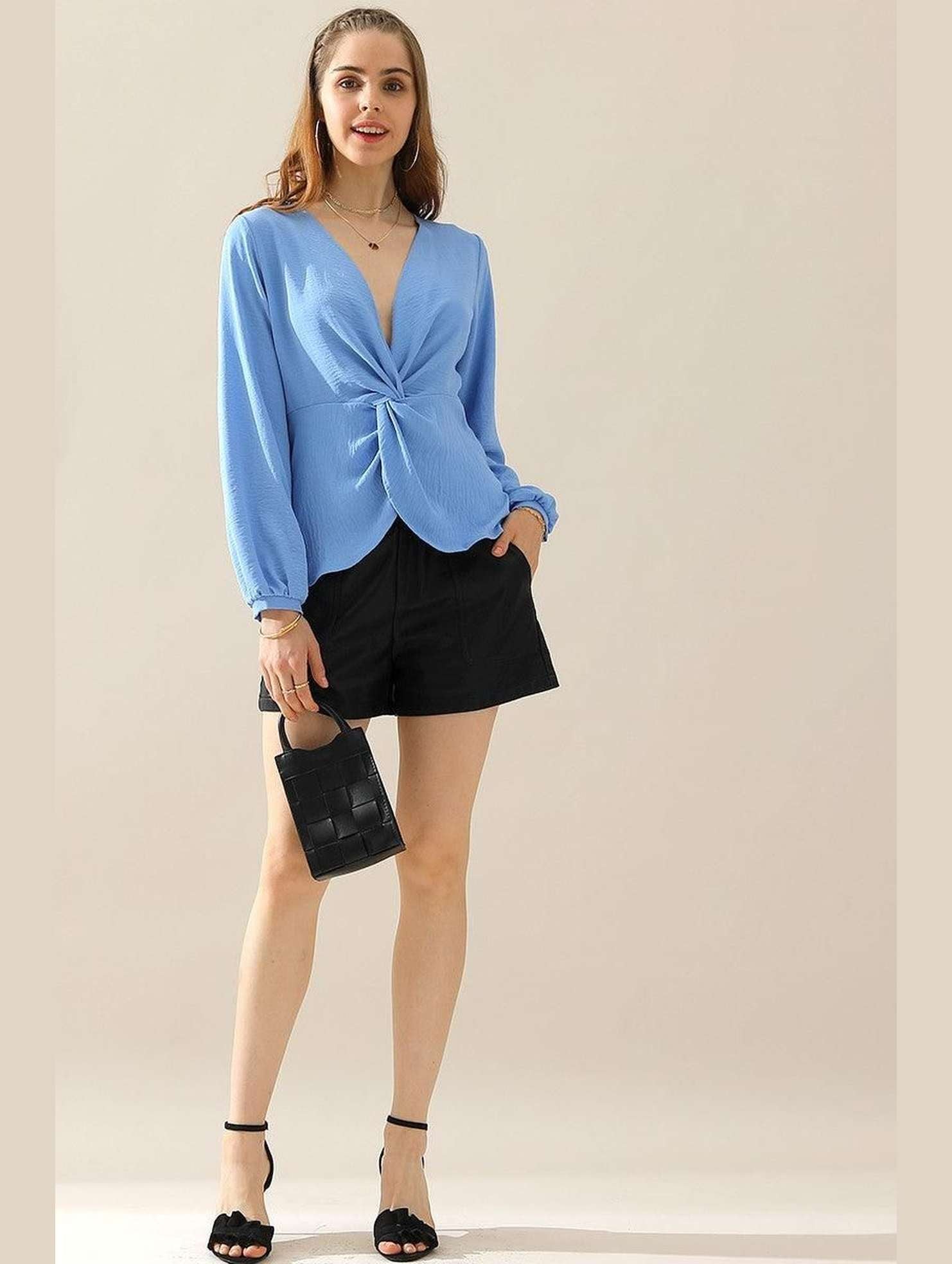 V NECK LONG SLEEVE Z TWIST RUFFLE BLOUSE TOP - Doublju