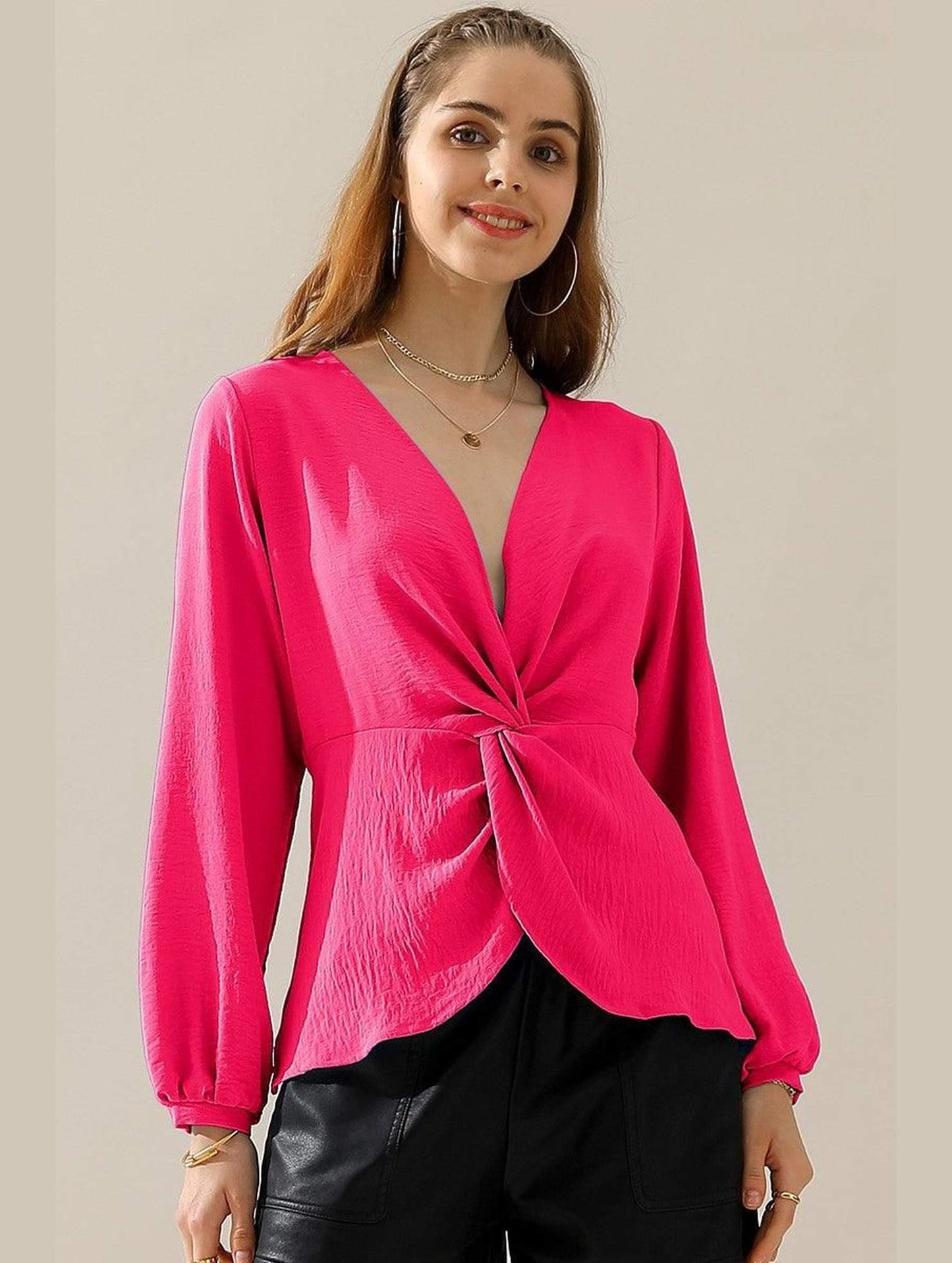 V NECK LONG SLEEVE Z TWIST RUFFLE BLOUSE TOP - Doublju