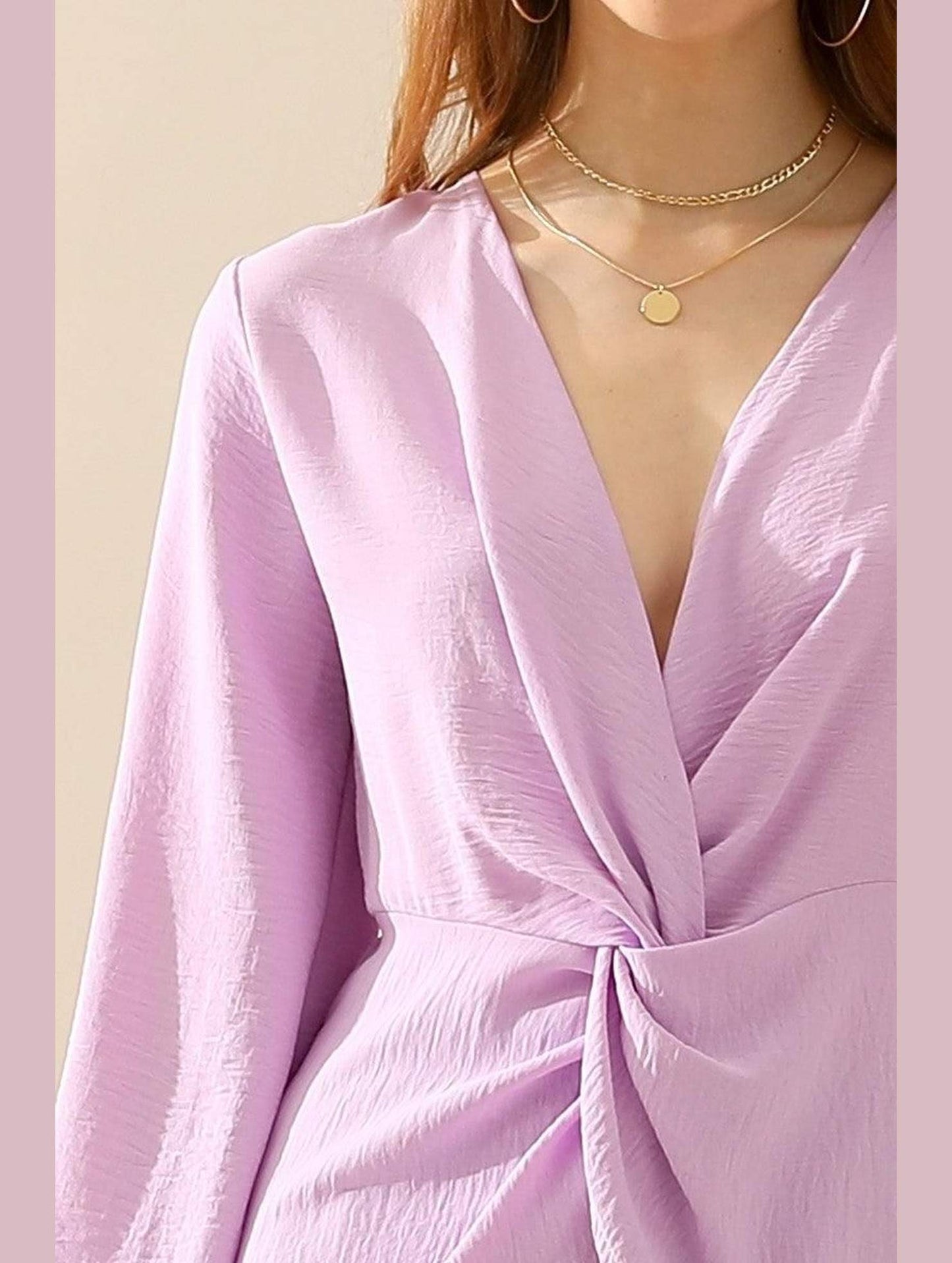 V NECK LONG SLEEVE Z TWIST RUFFLE BLOUSE TOP - Doublju