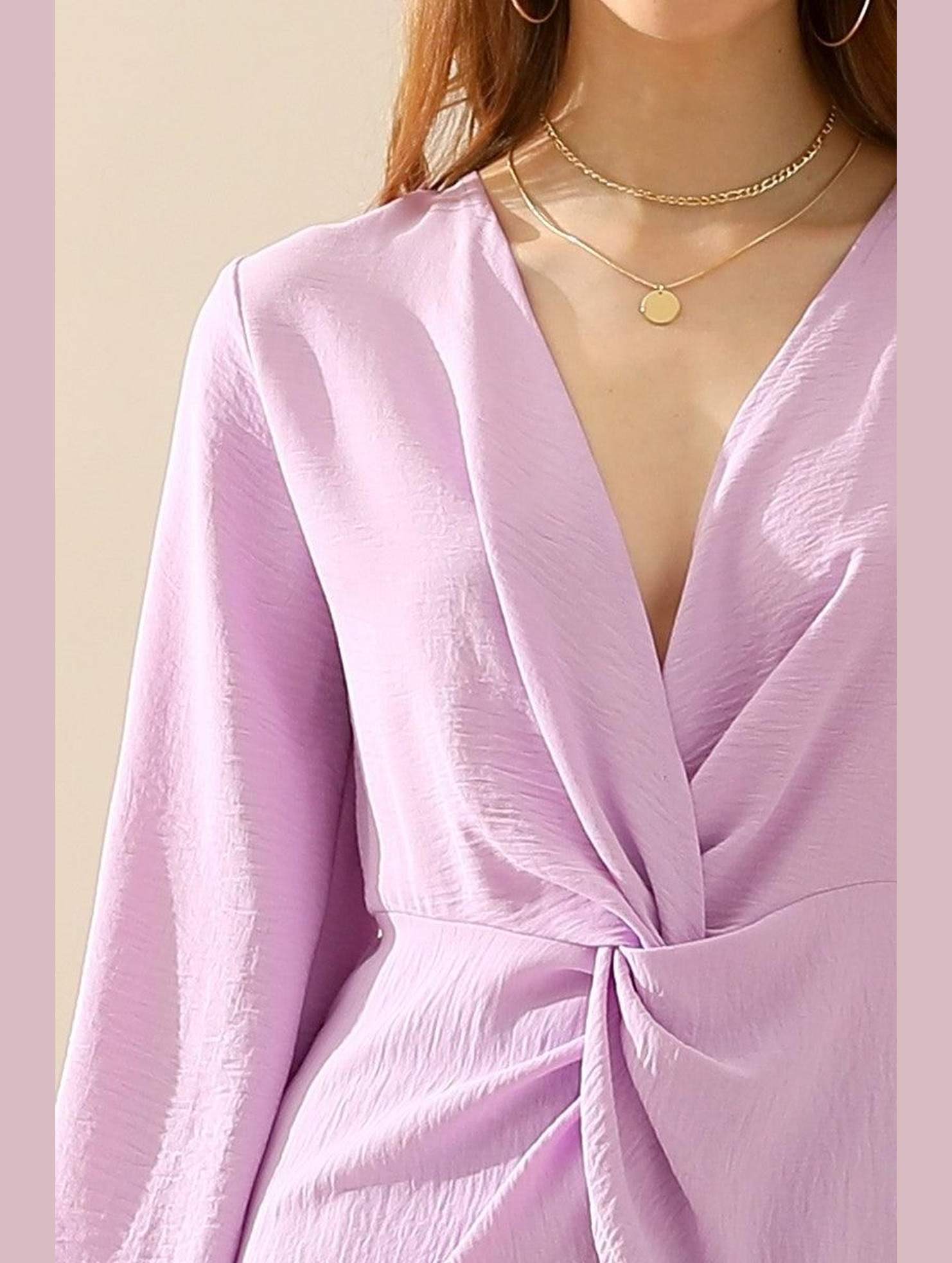 V NECK LONG SLEEVE Z TWIST RUFFLE BLOUSE TOP - Doublju