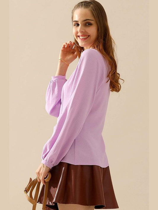 V NECK LONG SLEEVE Z TWIST RUFFLE BLOUSE TOP - Doublju