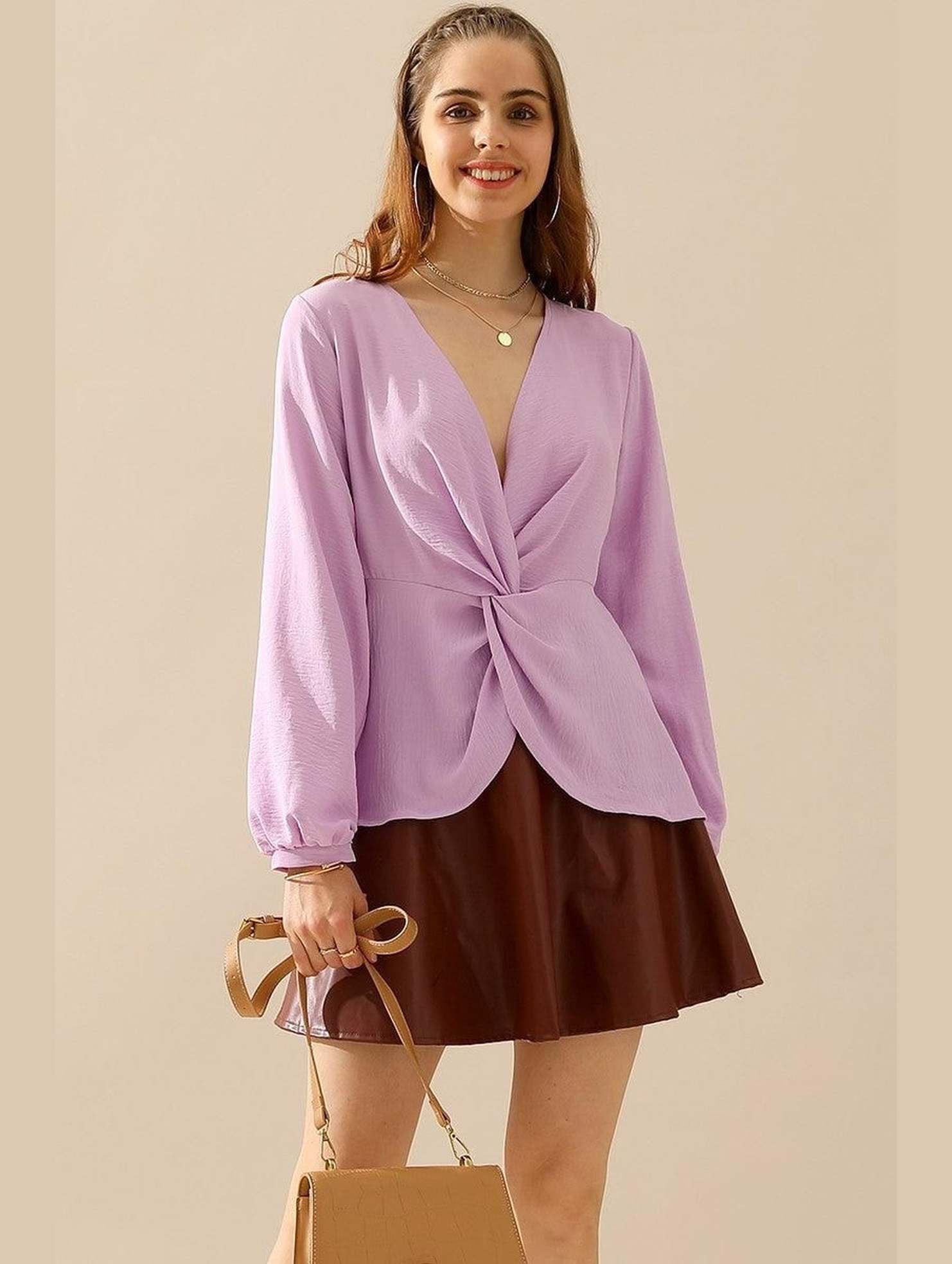 V NECK LONG SLEEVE Z TWIST RUFFLE BLOUSE TOP - Doublju