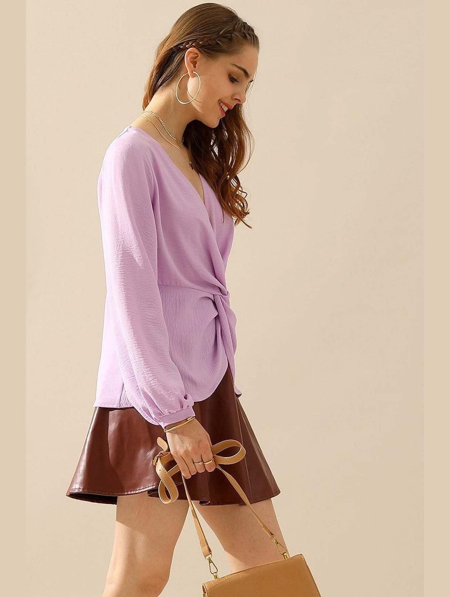 V NECK LONG SLEEVE Z TWIST RUFFLE BLOUSE TOP - Doublju