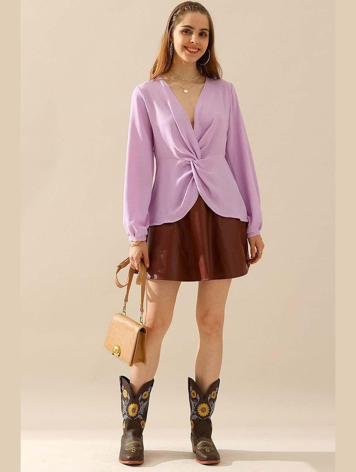 V NECK LONG SLEEVE Z TWIST RUFFLE BLOUSE TOP - Doublju