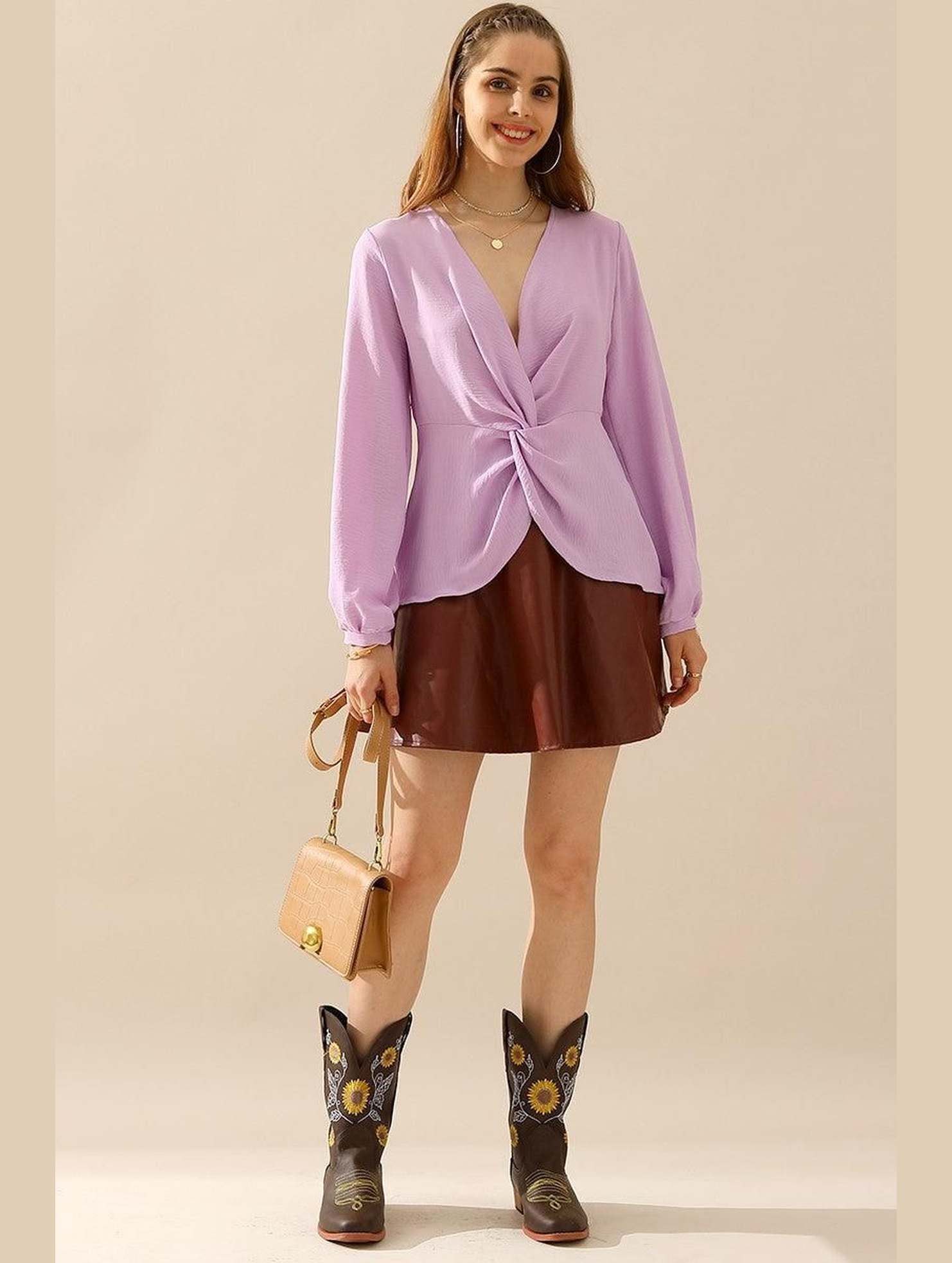 V NECK LONG SLEEVE Z TWIST RUFFLE BLOUSE TOP - Doublju