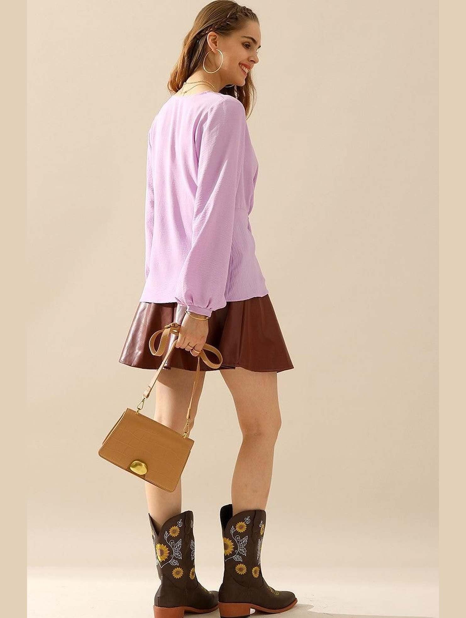 V NECK LONG SLEEVE Z TWIST RUFFLE BLOUSE TOP - Doublju