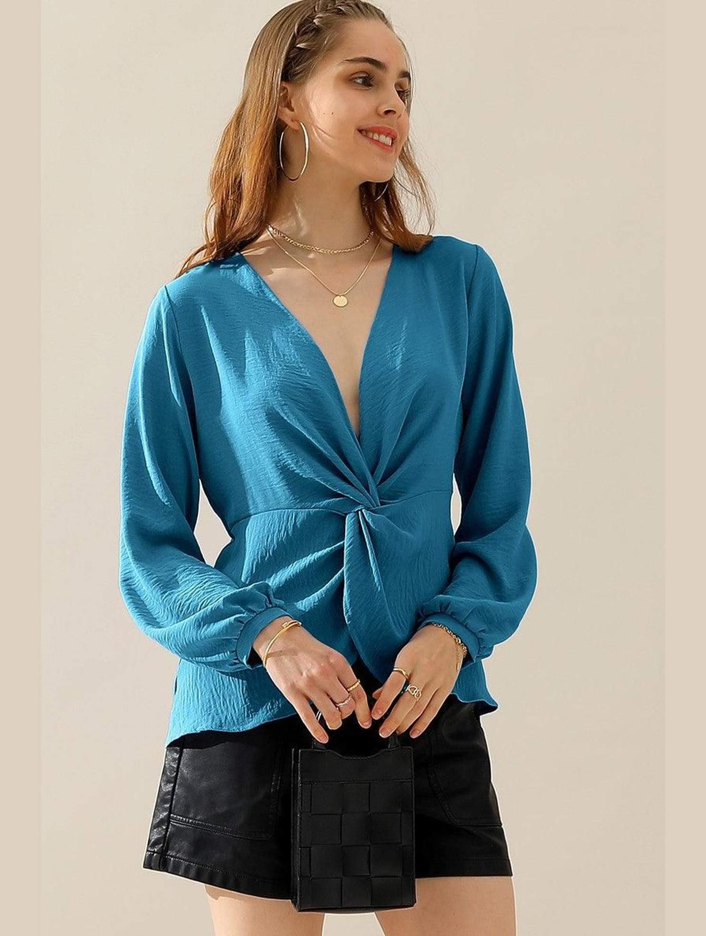 V NECK LONG SLEEVE Z TWIST RUFFLE BLOUSE TOP - Doublju