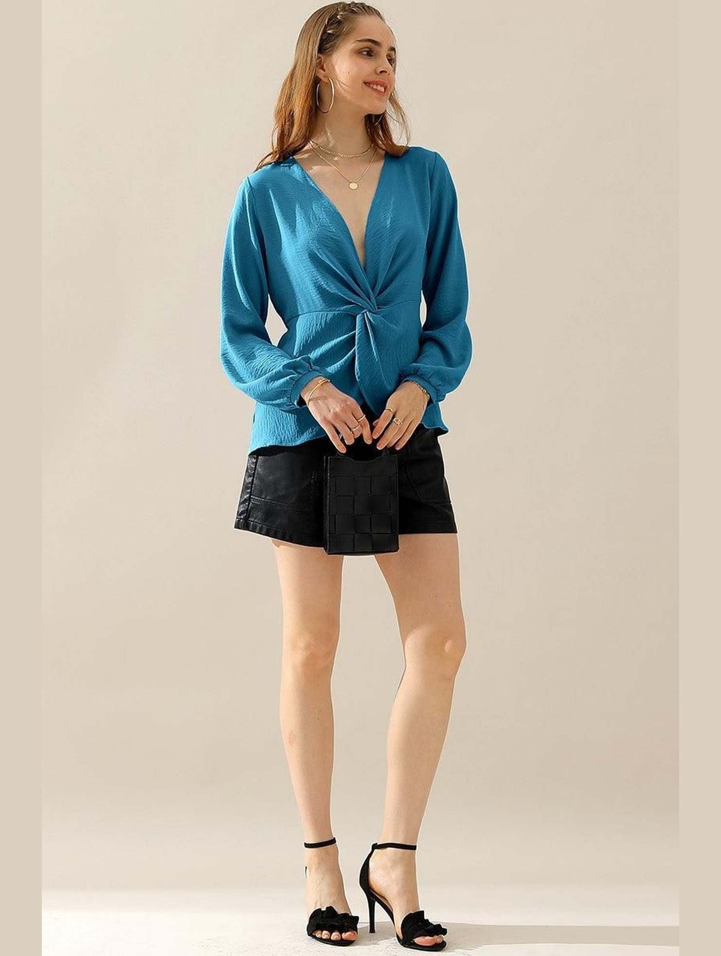 V NECK LONG SLEEVE Z TWIST RUFFLE BLOUSE TOP - Doublju