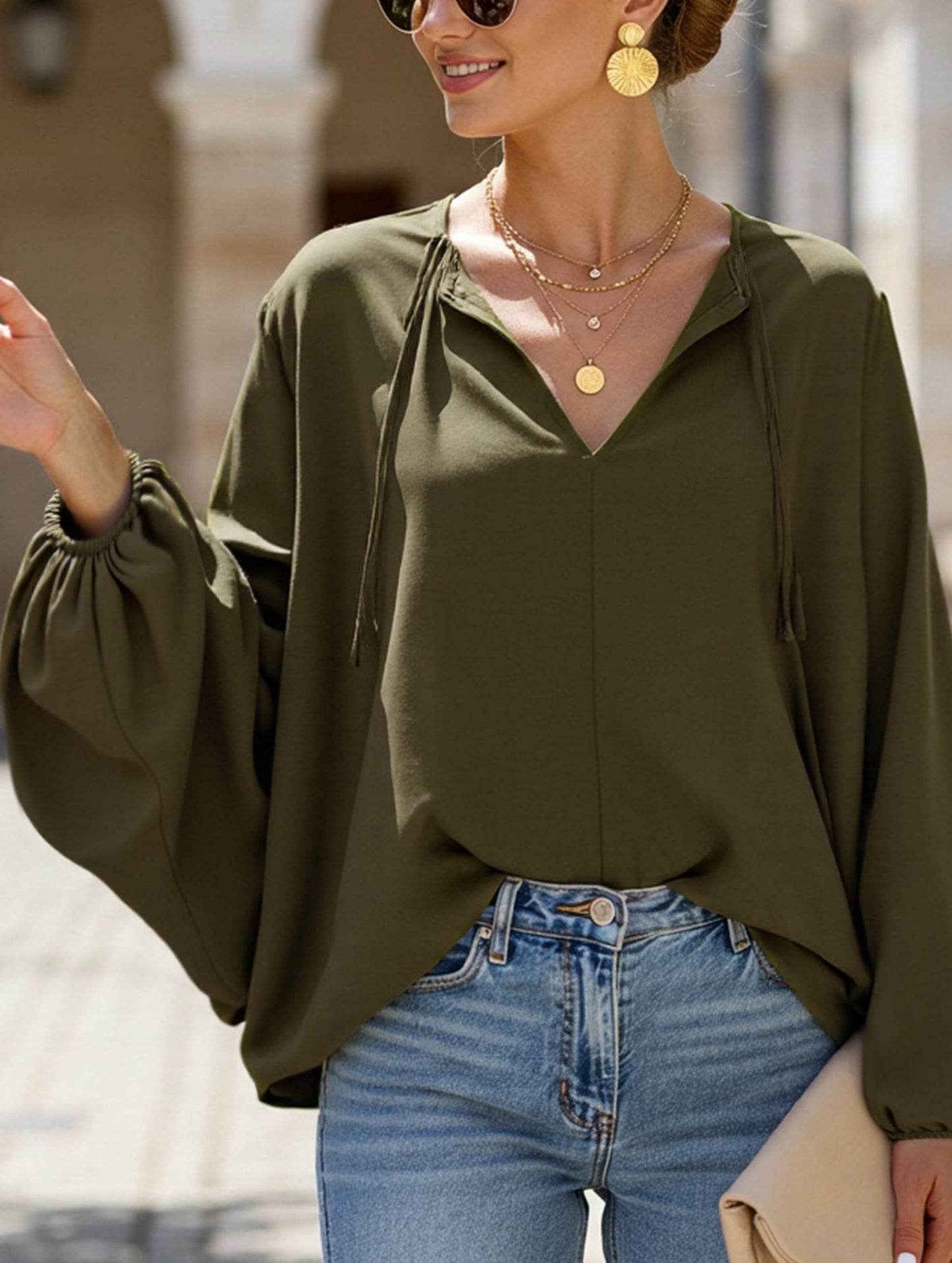 Short V-Neck Lace-Up Casual Top for Women