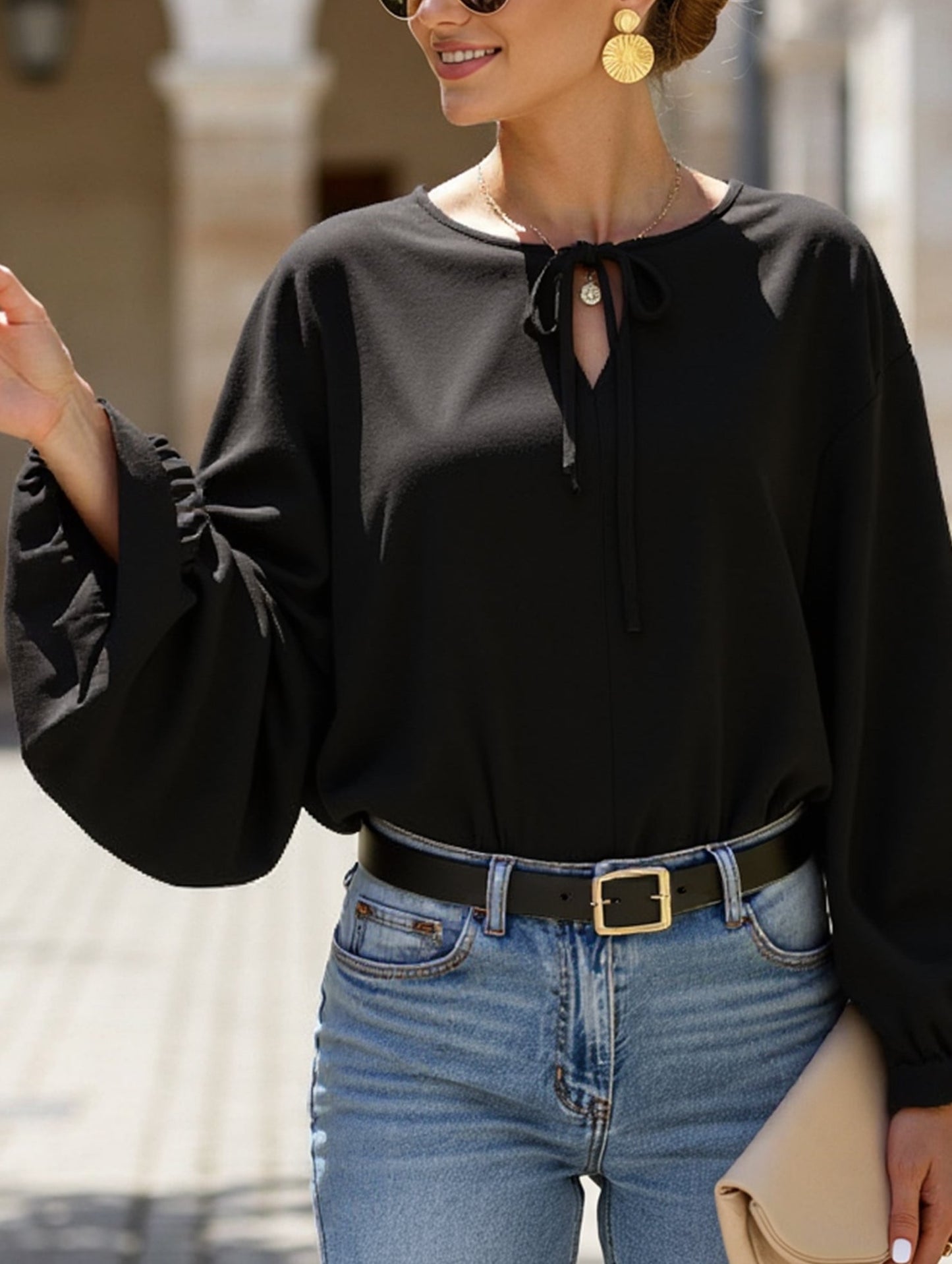 Short V-Neck Lace-Up Casual Top for Women