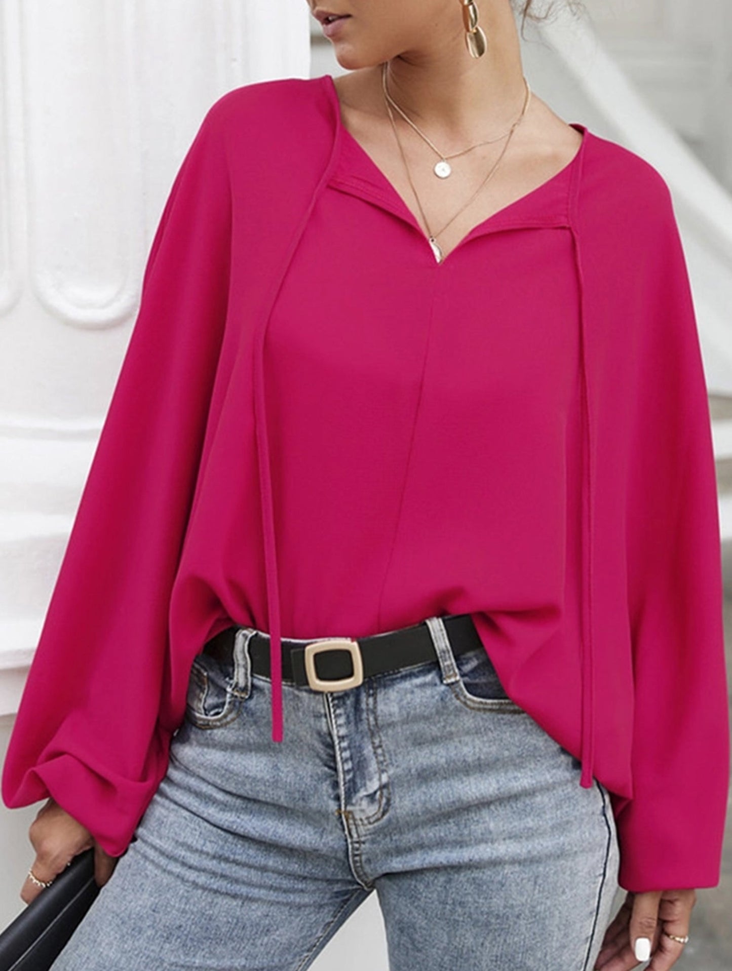 Short V-Neck Lace-Up Casual Top for Women