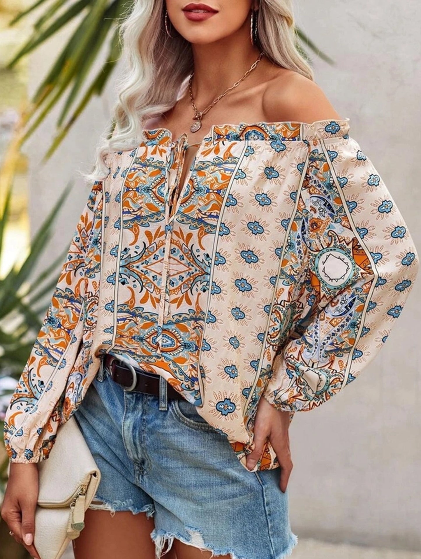 Floral Off-Shoulder Ruffle Knot Shirt