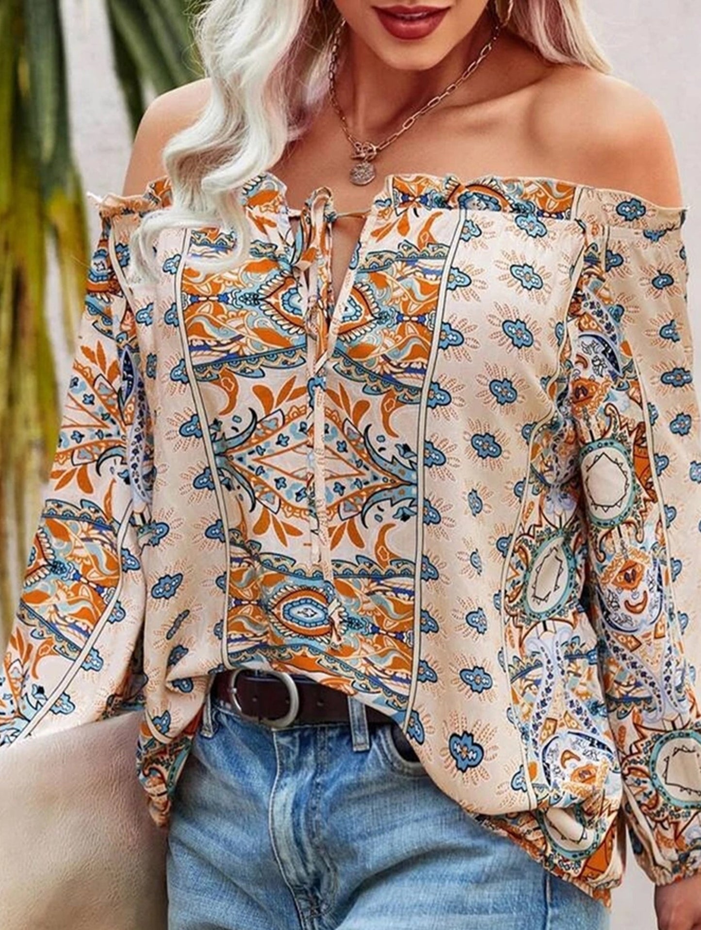 Floral Off-Shoulder Ruffle Knot Shirt