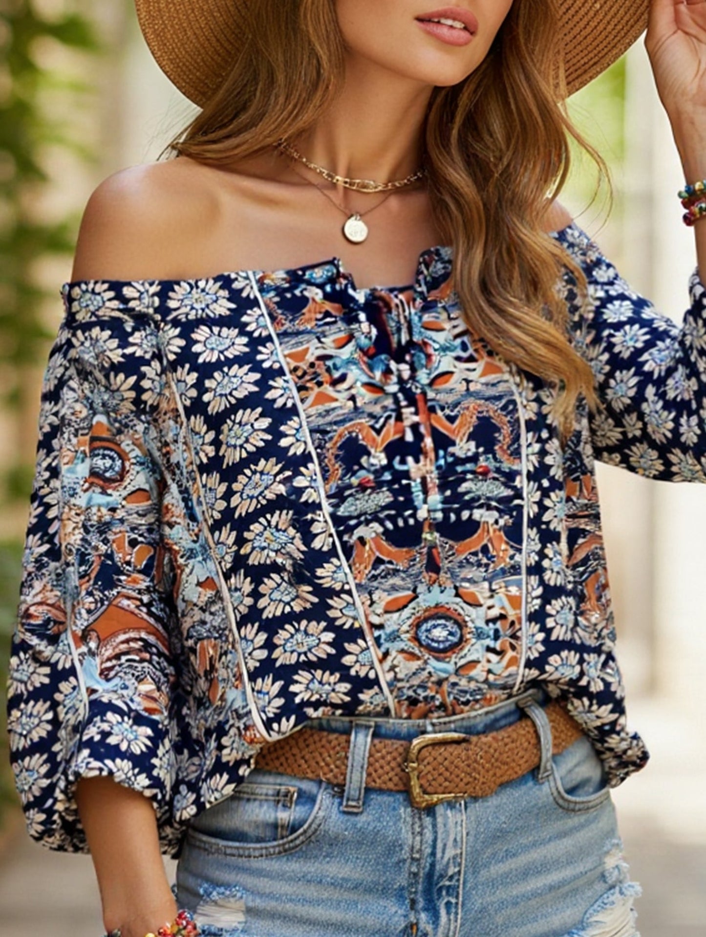 Floral Off-Shoulder Ruffle Knot Shirt