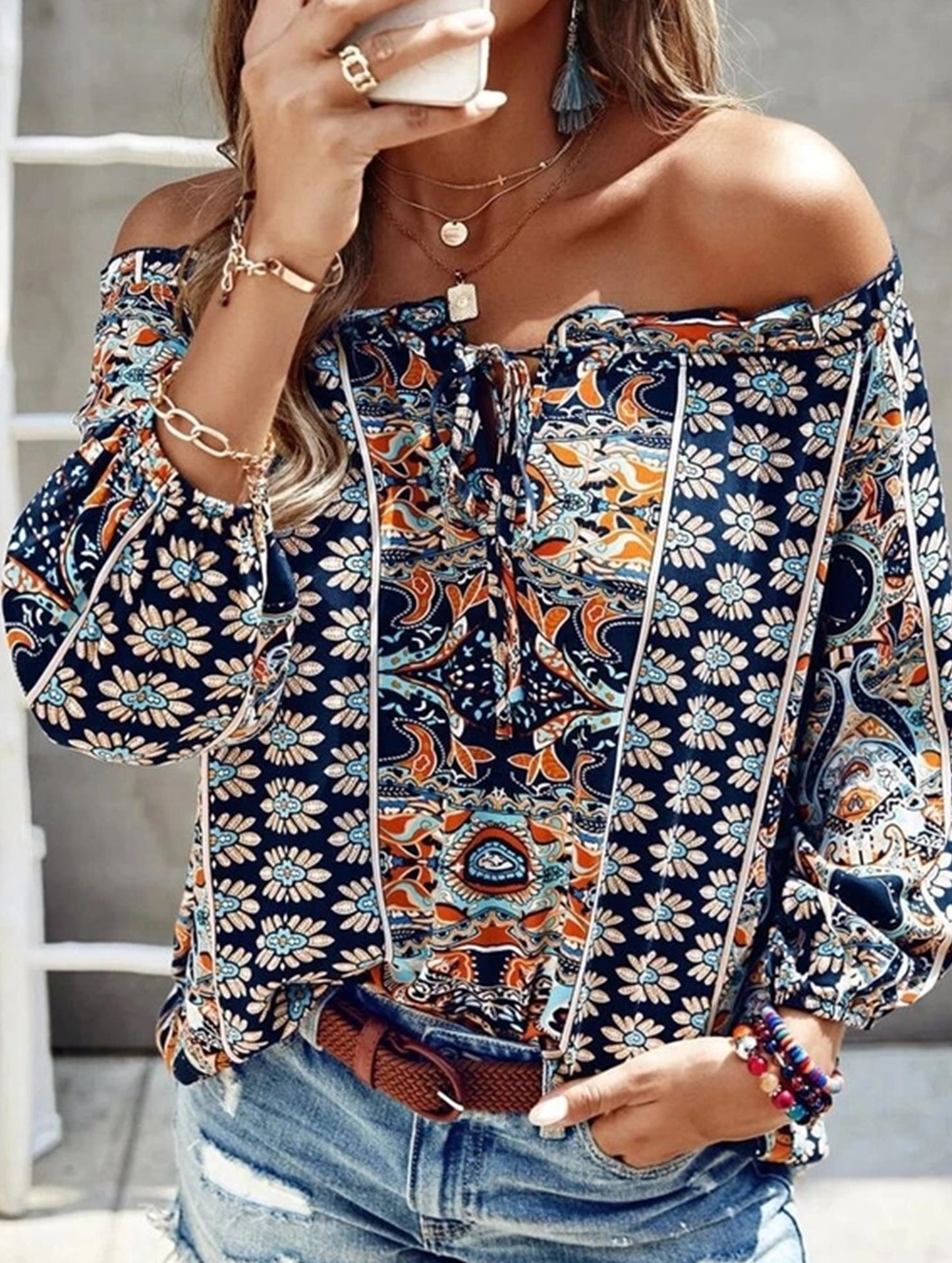 Floral Off-Shoulder Ruffle Knot Shirt