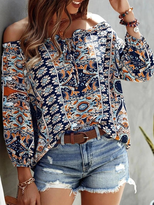 Floral Off-Shoulder Ruffle Knot Shirt