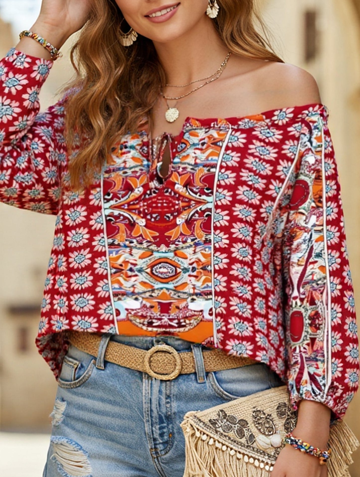 Floral Off-Shoulder Ruffle Knot Shirt