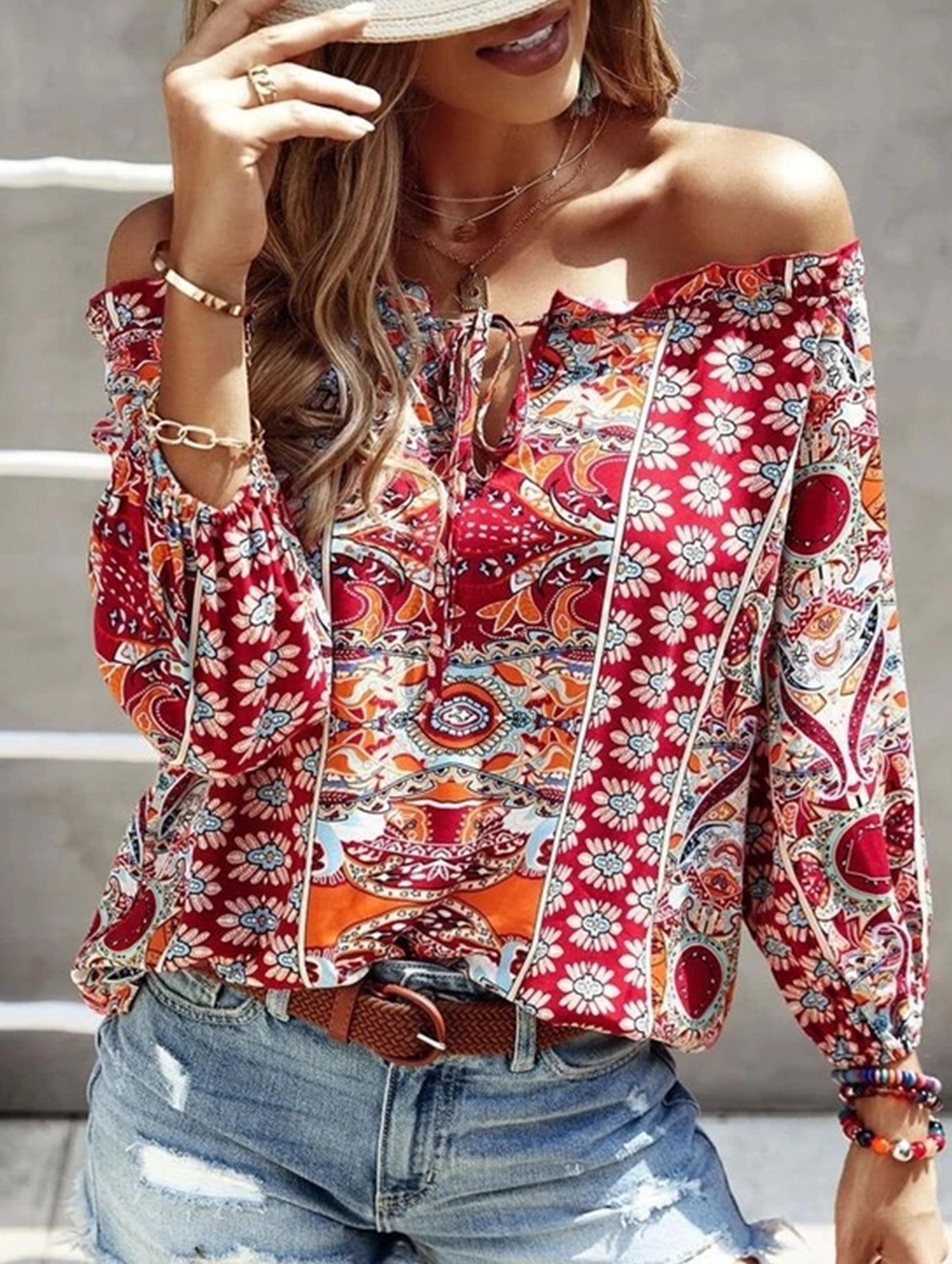 Floral Off-Shoulder Ruffle Knot Shirt