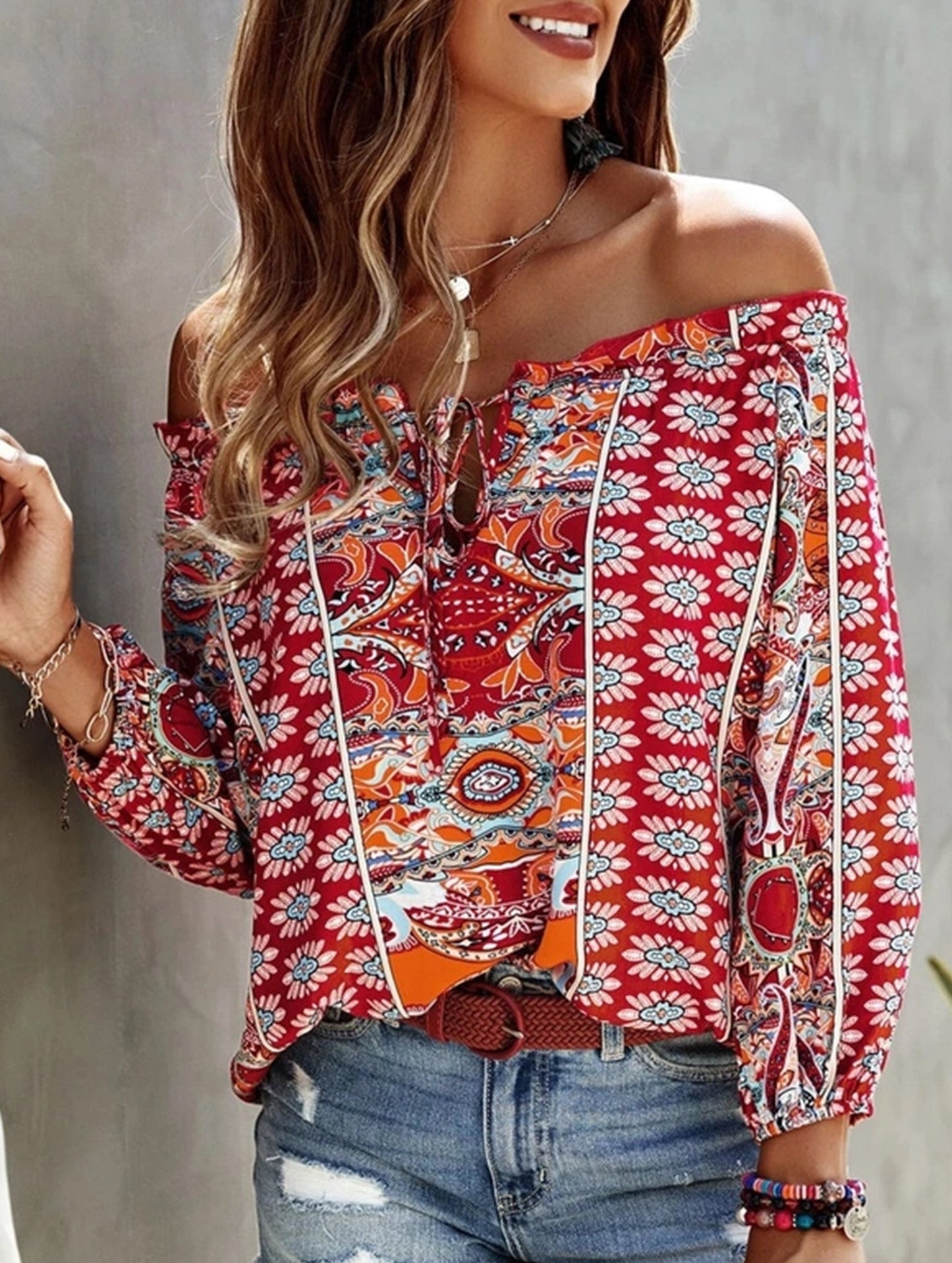 Floral Off-Shoulder Ruffle Knot Shirt